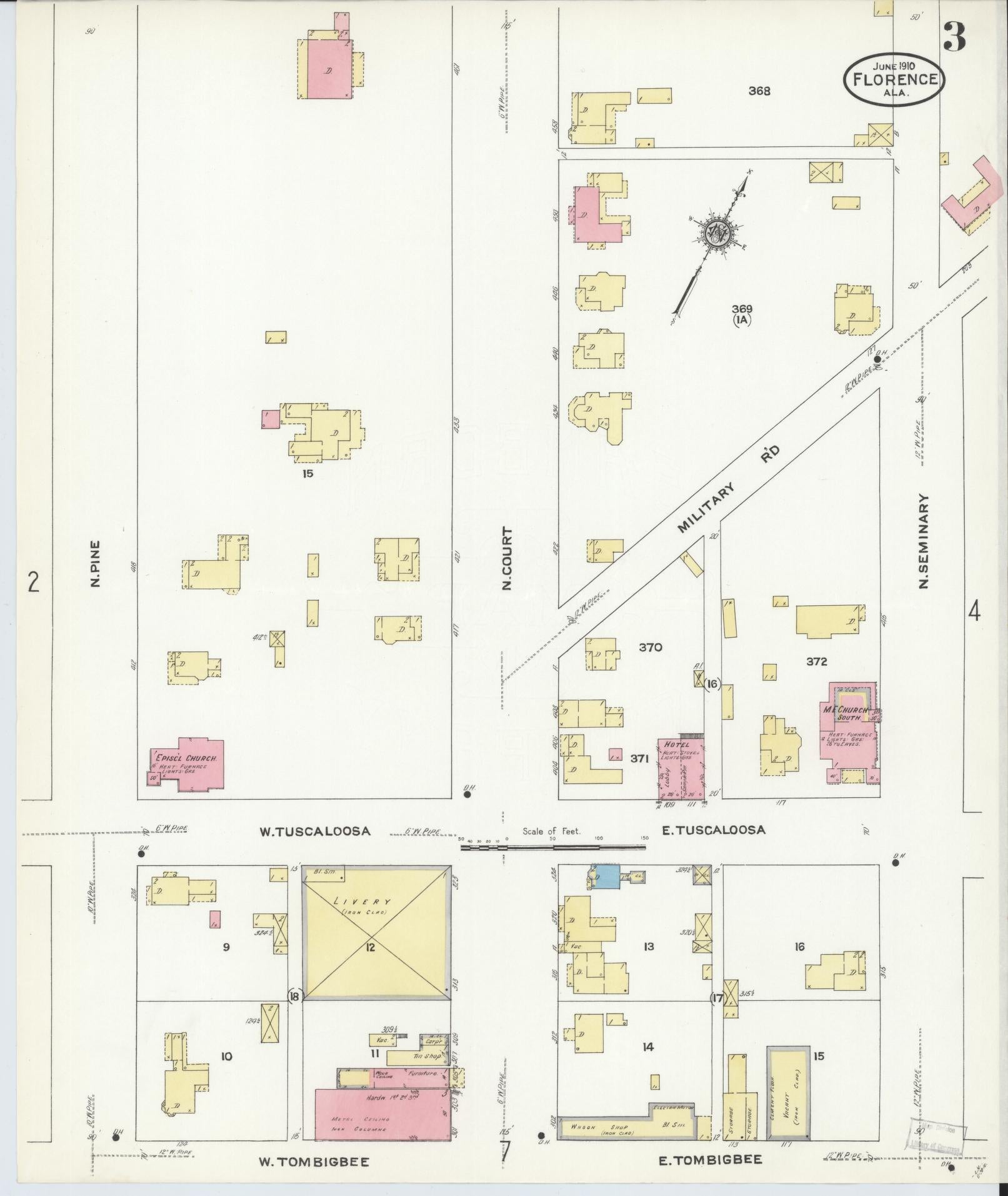 Sanborn Fire Insurance Map from Florence, Lauderdale County, Alabama (1910), Sheet #0003 - Historic Sanborn Fire Insurance Map Print, vintage old map wall art, antique decor, genealogy gift, Alabama Alabama map