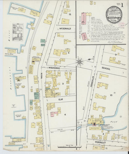 Sanborn Fire Insurance Map from Bucksport, Hancock County, Maine (1889), Sheet #0001 - Complete Map Set gallery image, historic Sanborn map, vintage wall art, Maine Maine