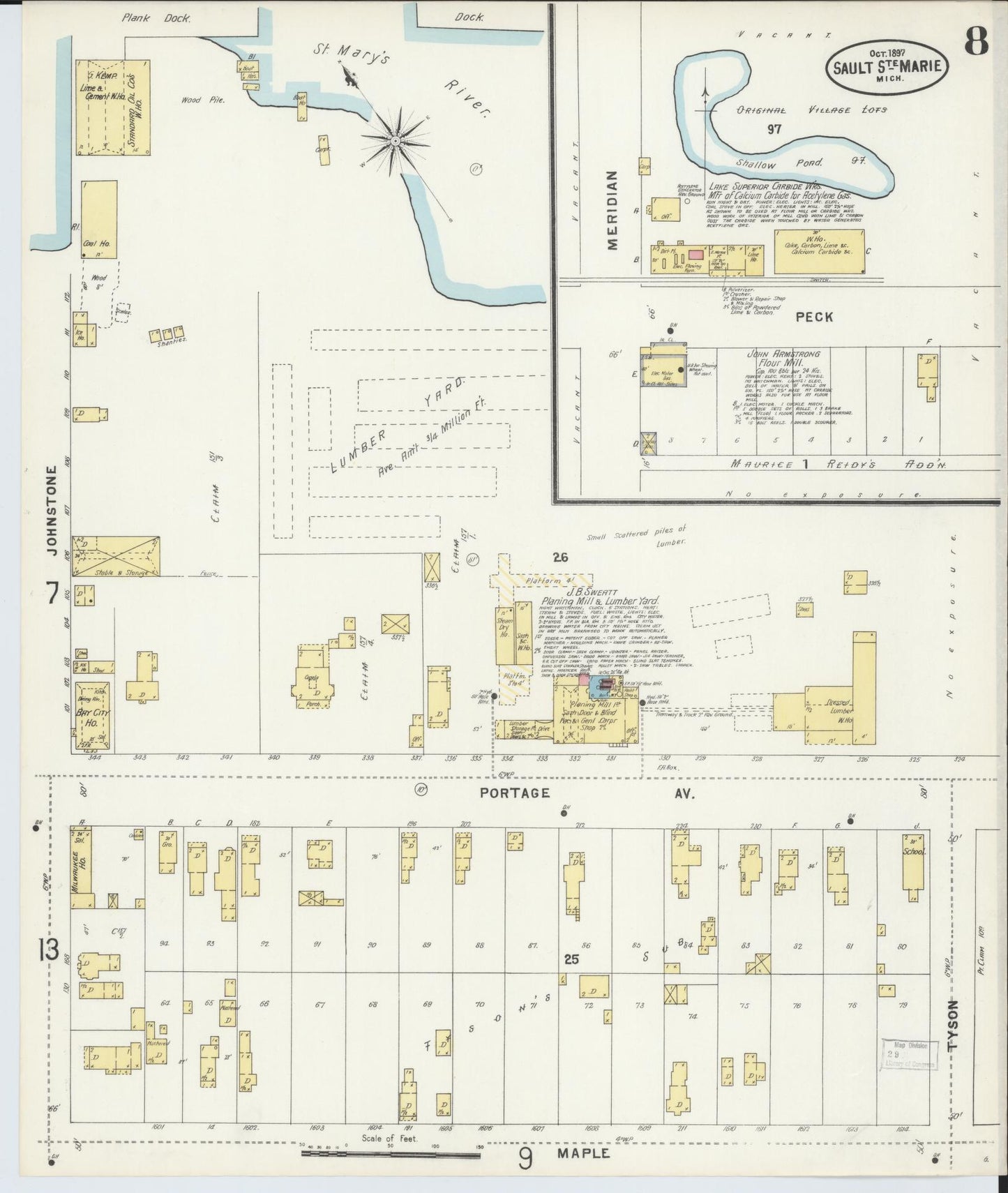 Sanborn Fire Insurance Map from Sault Sainte Marie, Chippewa County, Michigan (1897), Sheet #0008 - Historic Sanborn Fire Insurance Map Print, vintage old map wall art, antique decor, genealogy gift, Michigan Michigan map