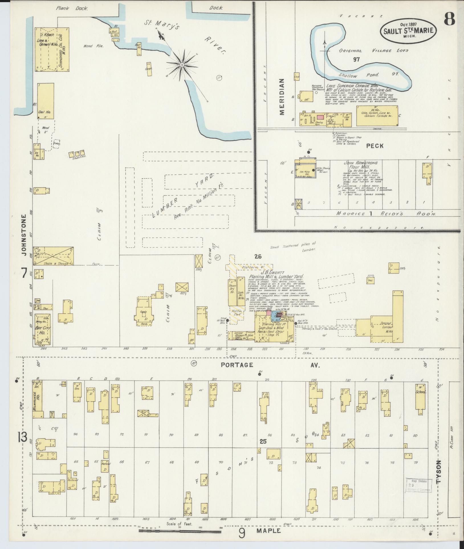 Sanborn Fire Insurance Map from Sault Sainte Marie, Chippewa County, Michigan (1897), Sheet #0008 - Historic Sanborn Fire Insurance Map Print, vintage old map wall art, antique decor, genealogy gift, Michigan Michigan map
