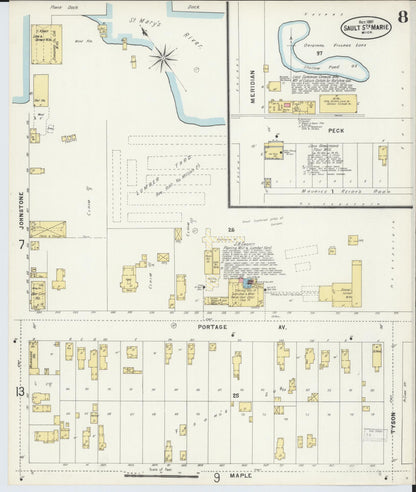 Sanborn Fire Insurance Map from Sault Sainte Marie, Chippewa County, Michigan (1897), Sheet #0008 - Historic Sanborn Fire Insurance Map Print, vintage old map wall art, antique decor, genealogy gift, Michigan Michigan map