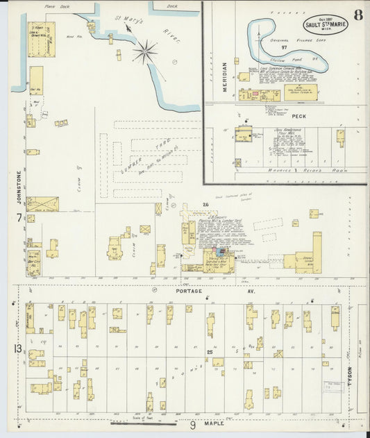 Sanborn Fire Insurance Map from Sault Sainte Marie, Chippewa County, Michigan (1897), Sheet #0008 - Historic Sanborn Fire Insurance Map Print, vintage old map wall art, antique decor, genealogy gift, Michigan Michigan map
