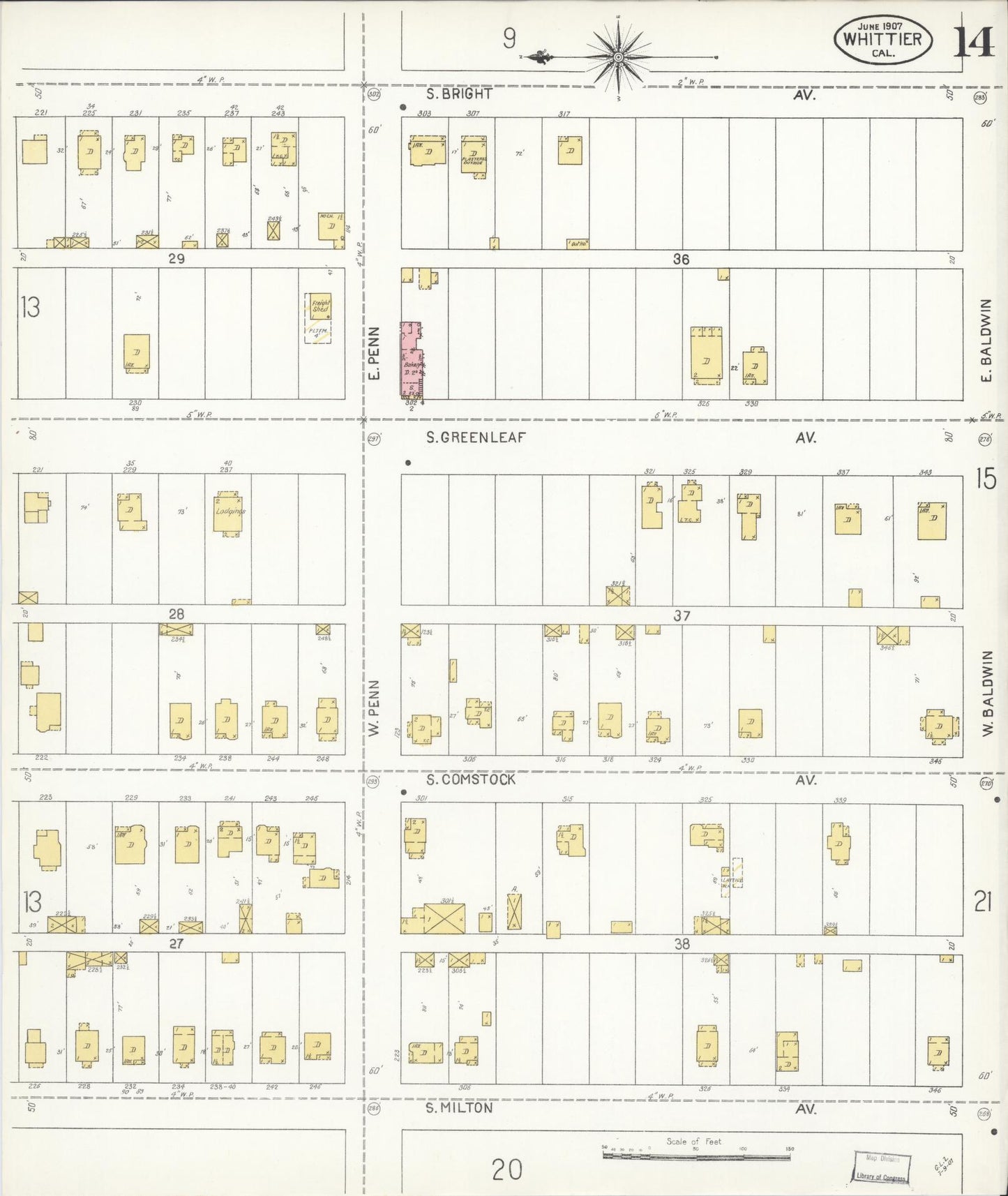 Sanborn Fire Insurance Map from Whittier, Los Angeles County, California (1907), Sheet #0014 - Complete Map Set gallery image, historic Sanborn map, vintage wall art, California California