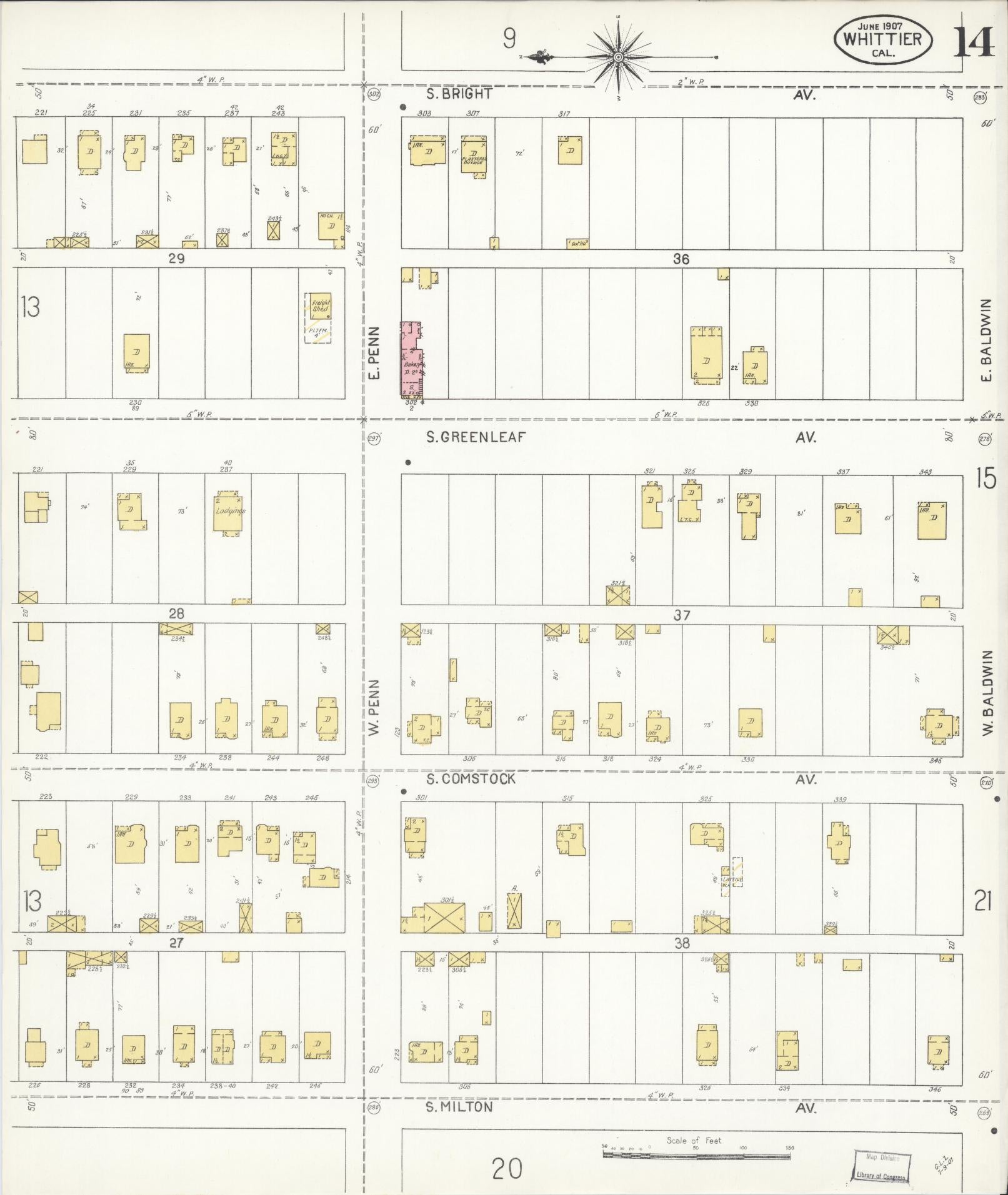 Sanborn Fire Insurance Map from Whittier, Los Angeles County, California (1907), Sheet #0014 - Complete Map Set gallery image, historic Sanborn map, vintage wall art, California California