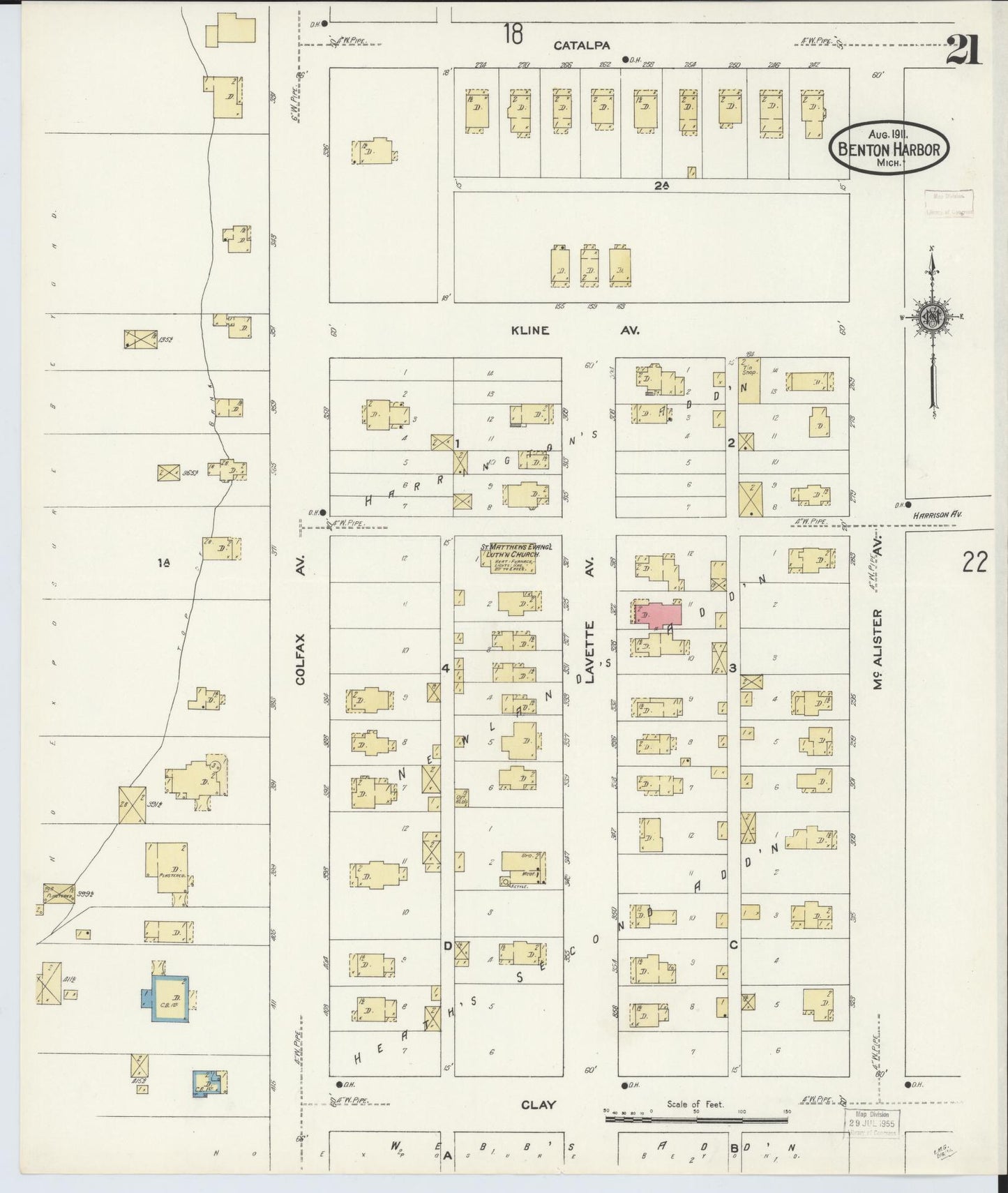 Sanborn Fire Insurance Map from Benton Harbor, Berrien County, Michigan (1911), Sheet #0021 - Historic Sanborn Fire Insurance Map Print, vintage old map wall art, antique decor, genealogy gift, Michigan Michigan map
