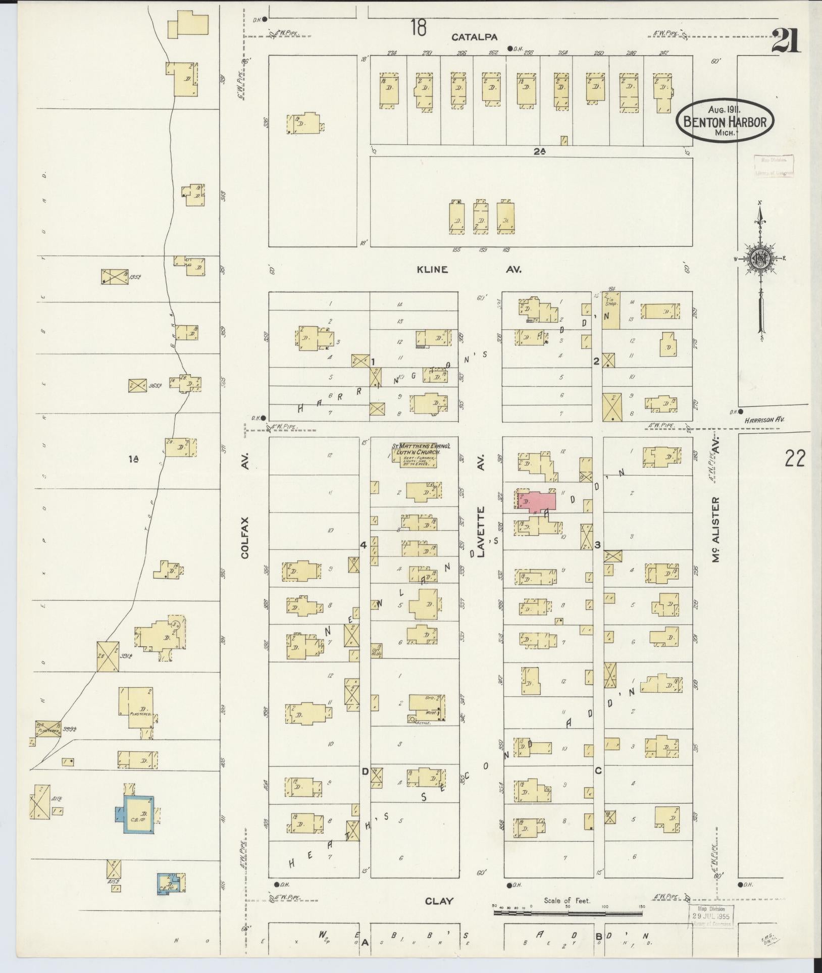 Sanborn Fire Insurance Map from Benton Harbor, Berrien County, Michigan (1911), Sheet #0021 - Historic Sanborn Fire Insurance Map Print, vintage old map wall art, antique decor, genealogy gift, Michigan Michigan map