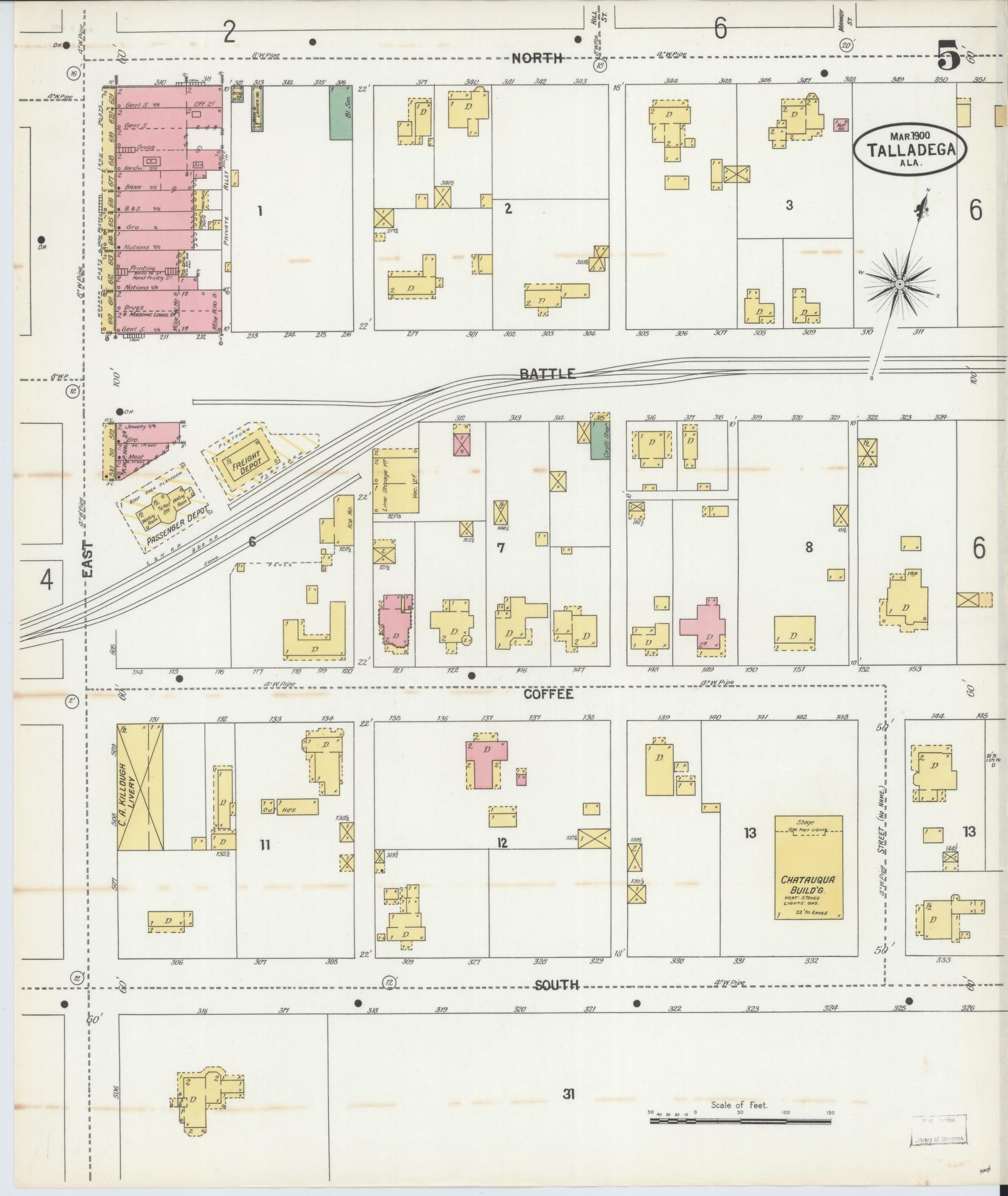 Sanborn Fire Insurance Map from Talladega, Talladega County, Alabama (1900), Sheet #0005 - Historic Sanborn Fire Insurance Map Print, vintage old map wall art, antique decor, genealogy gift, Alabama Alabama map