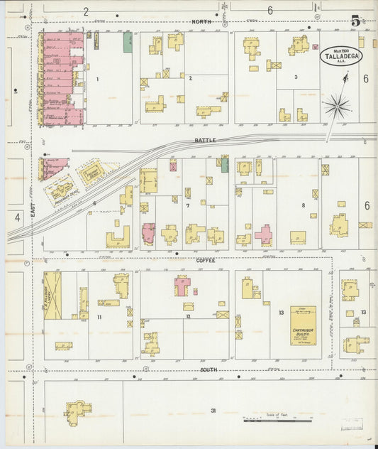 Sanborn Fire Insurance Map from Talladega, Talladega County, Alabama (1900), Sheet #0005 - Historic Sanborn Fire Insurance Map Print, vintage old map wall art, antique decor, genealogy gift, Alabama Alabama map