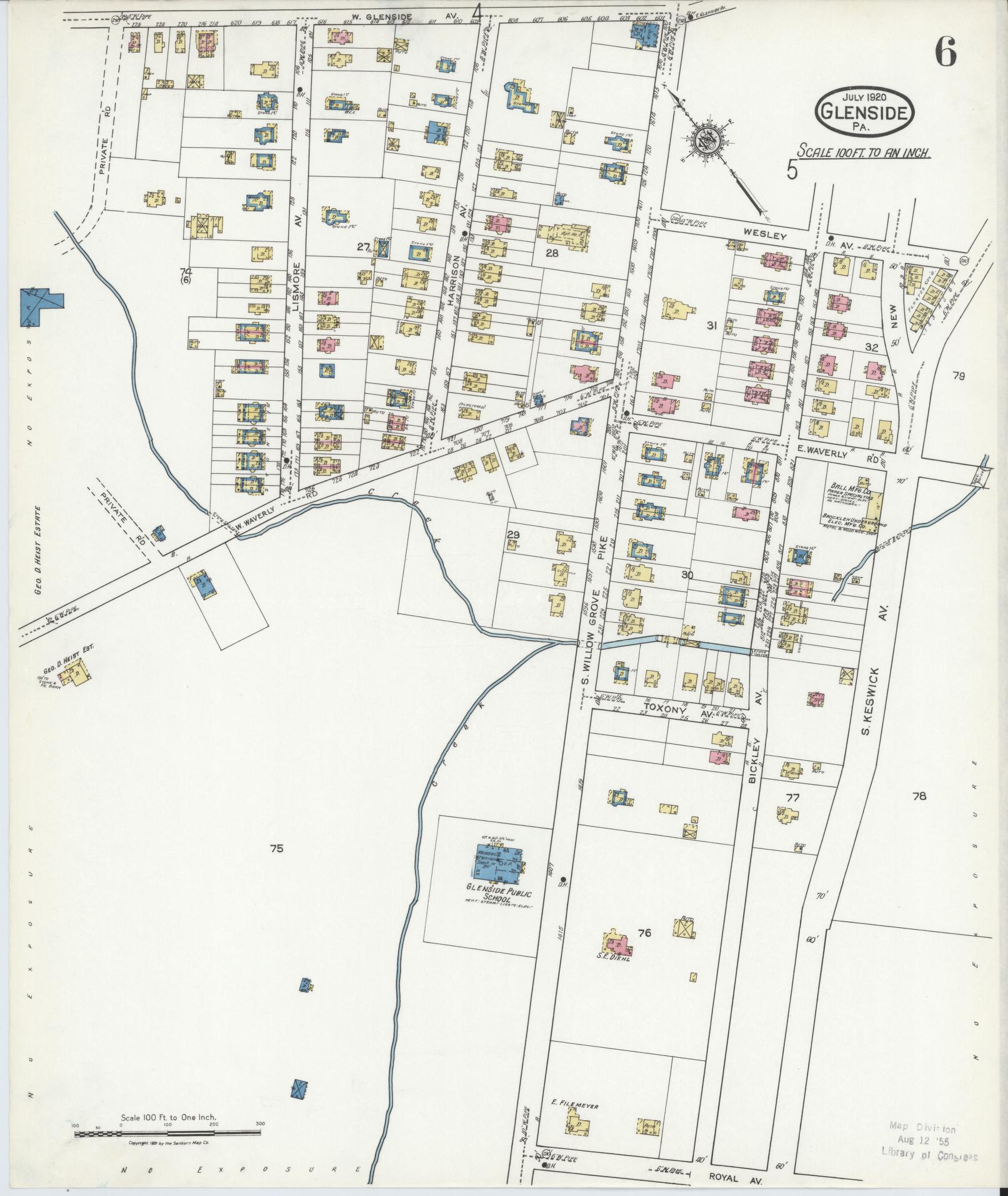 Sanborn Fire Insurance Map from Glenside, Montgomery County, Pennsylvania (1920), Sheet #0006 - Historic Sanborn Fire Insurance Map Print, vintage old map wall art, antique decor, genealogy gift, Pennsylvania Pennsylvania map
