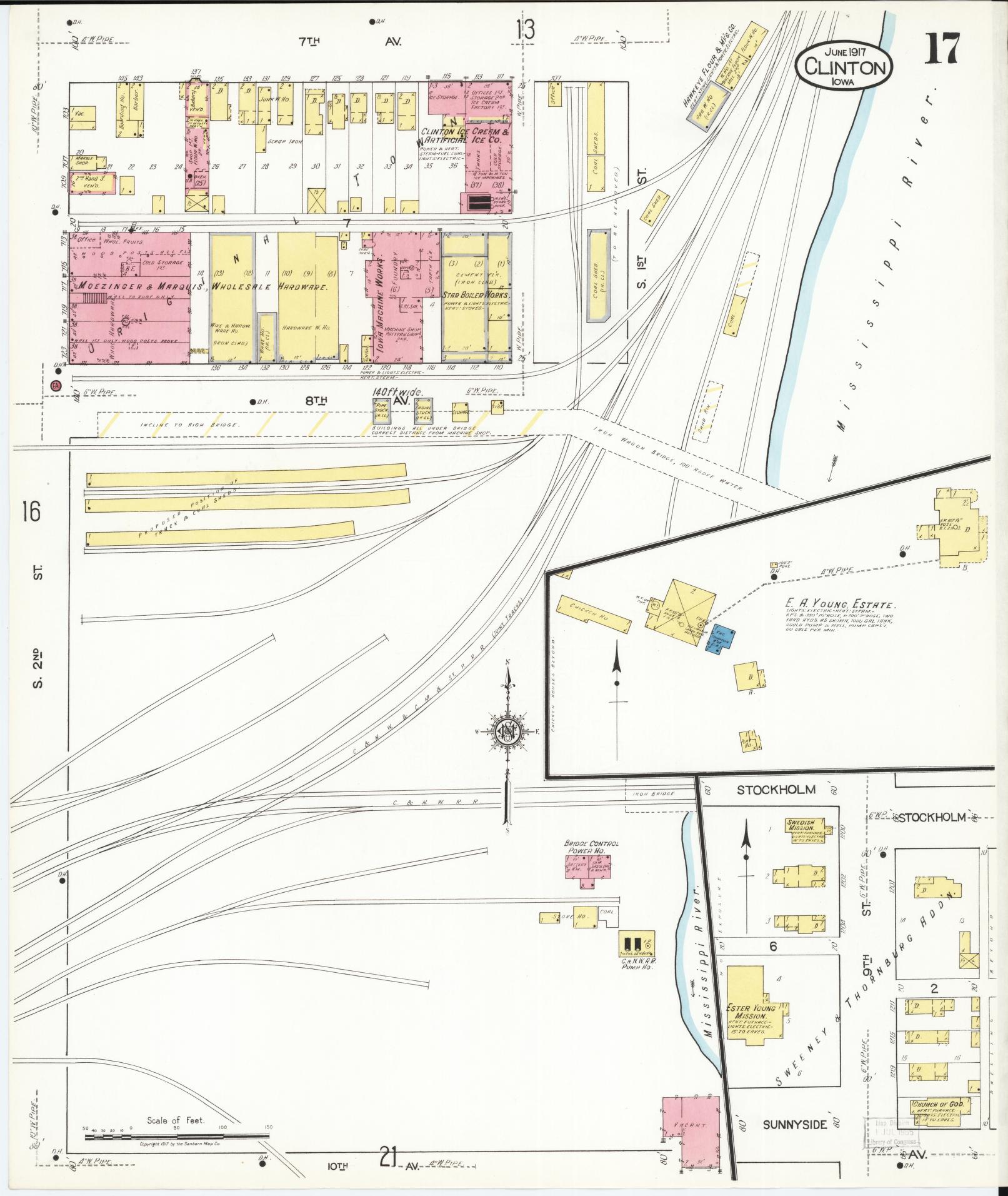 Sanborn Fire Insurance Map from Clinton, Clinton County, Iowa (1917), Sheet #0017 - Historic Sanborn Fire Insurance Map Print, vintage old map wall art