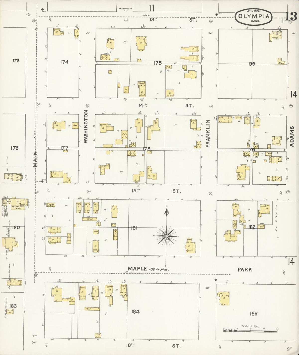 Sanborn Fire Insurance Map from Olympia, Thurston County, Washington (1896), Sheet #0013 - Historic Sanborn Fire Insurance Map Print, vintage old map wall art, antique decor, genealogy gift, Washington Washington map