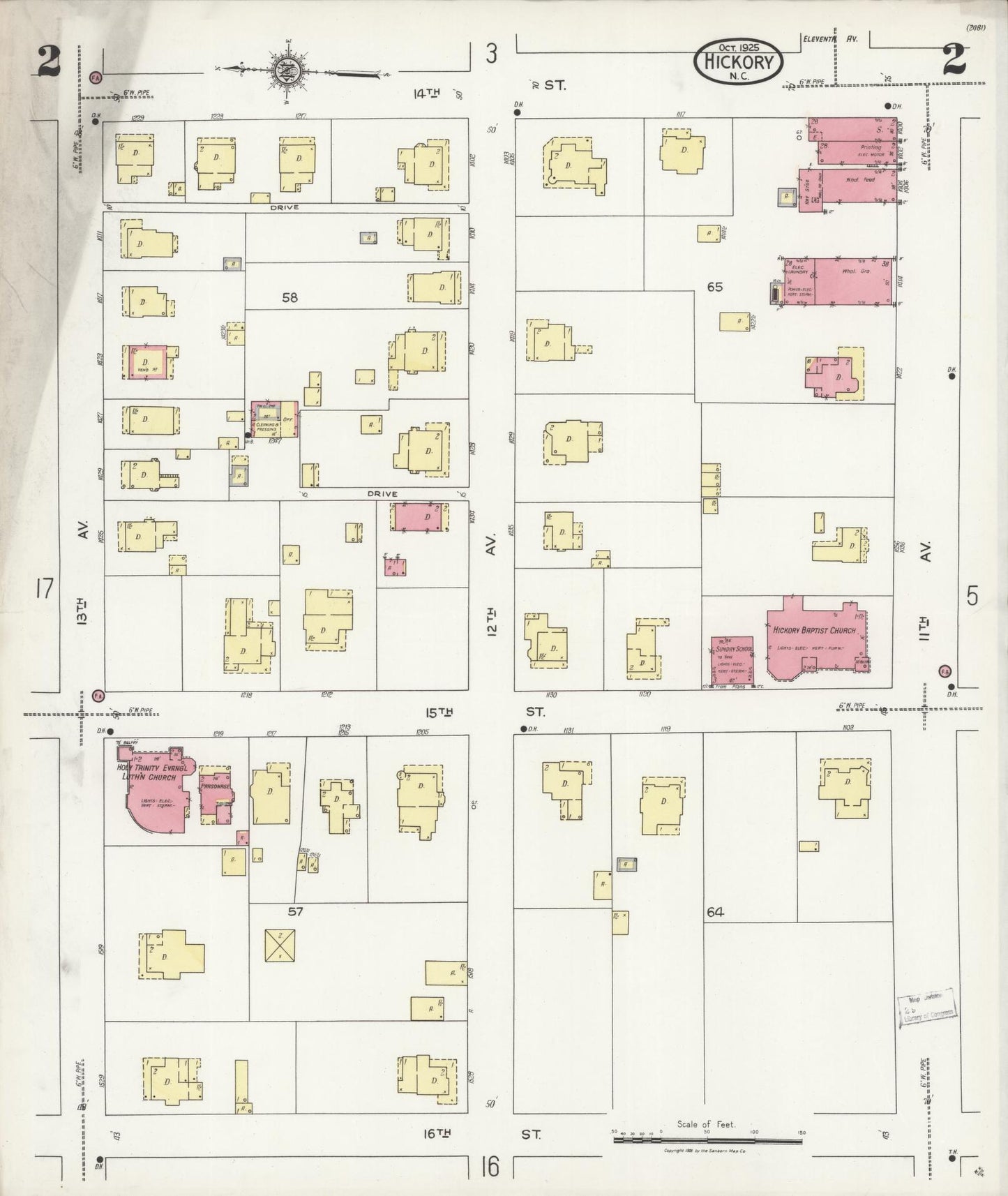 Sanborn Fire Insurance Map from Hickory, Catawba County, North Carolina (1925), Sheet #0002 - Historic Sanborn Fire Insurance Map Print, vintage old map wall art, antique decor, genealogy gift, North Carolina North Carolina map