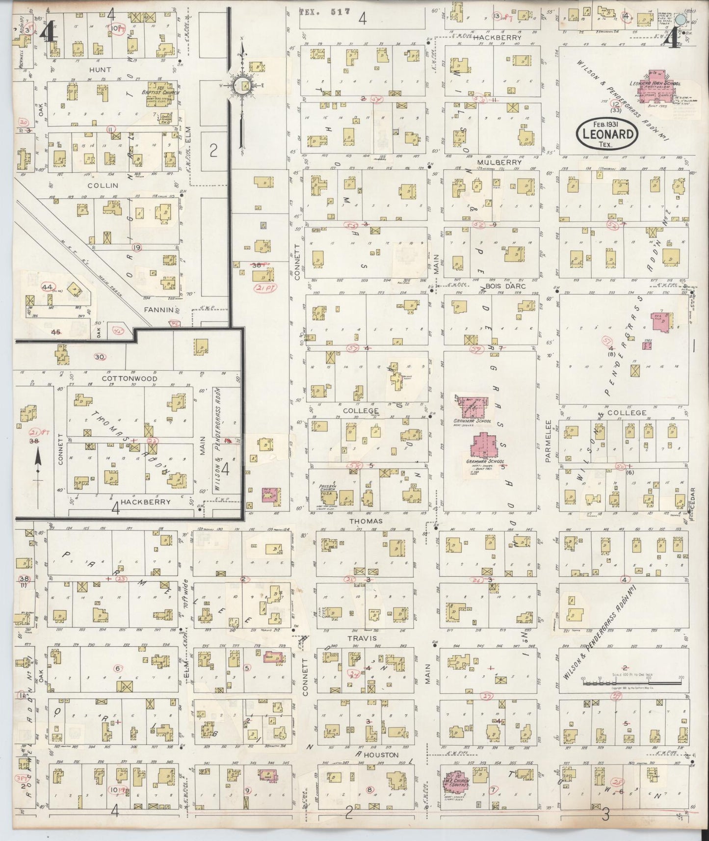 Sanborn Fire Insurance Map from Leonard, Fannin County, Texas (1945), Sheet #0004 - Historic Sanborn Fire Insurance Map Print, vintage old map wall art, antique decor, genealogy gift, Texas Texas map