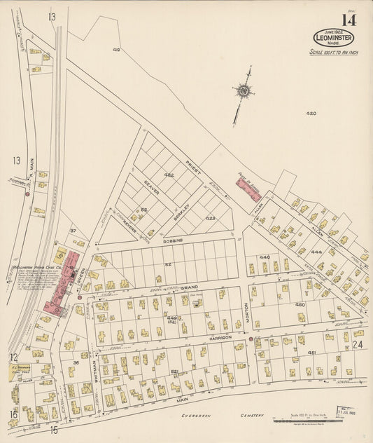 Sanborn Fire Insurance Map from Leominster, Worcester County, Massachusetts (1922), Sheet #0014 - Historic Sanborn Fire Insurance Map Print, vintage old map wall art, antique decor, genealogy gift, Massachusetts Massachusetts map