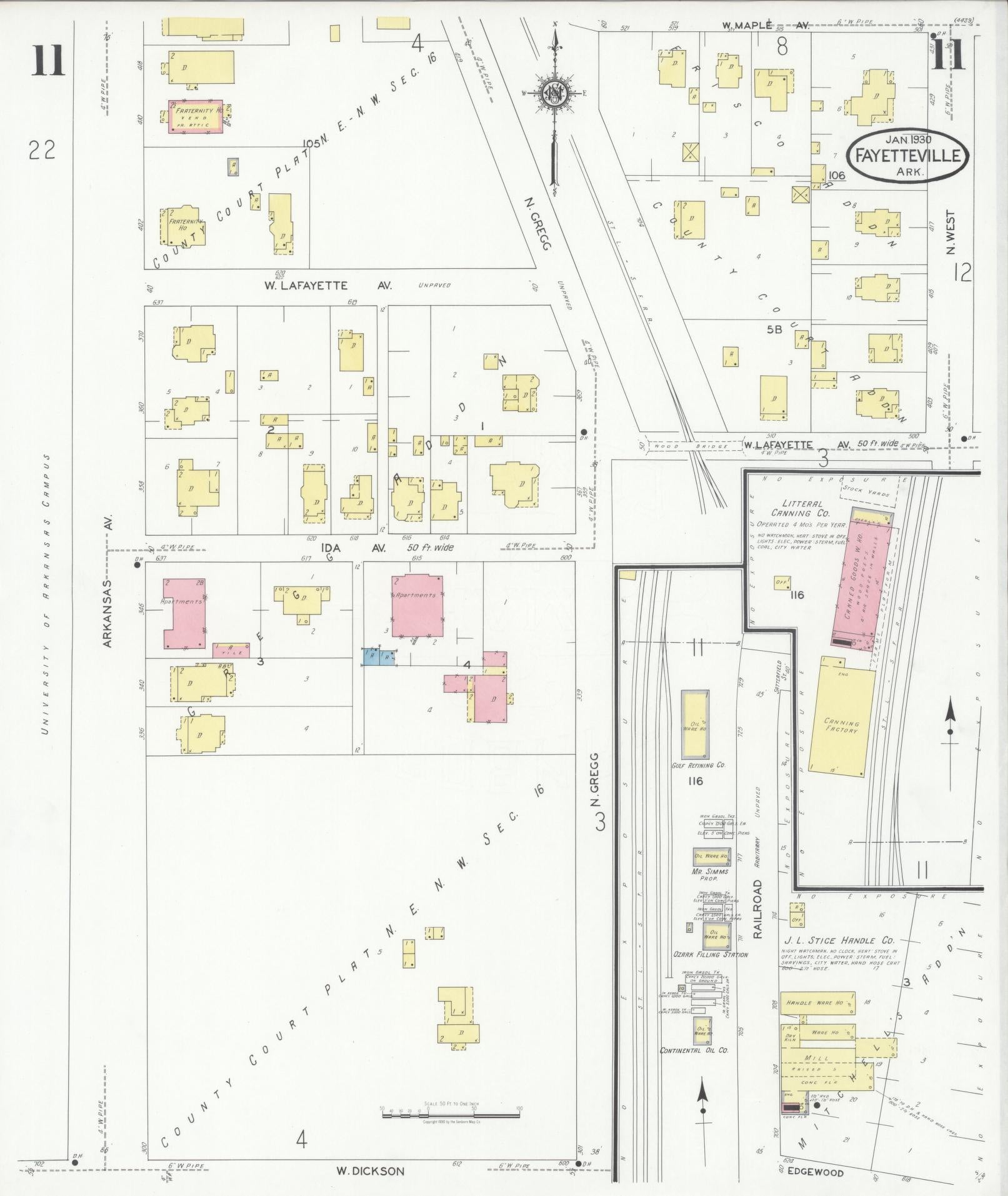 Sanborn Fire Insurance Map from Fayetteville, Washington County, Arkansas (1930), Sheet #0011 - Historic Sanborn Fire Insurance Map Print, vintage old map wall art, antique decor, genealogy gift, Arkansas Arkansas map