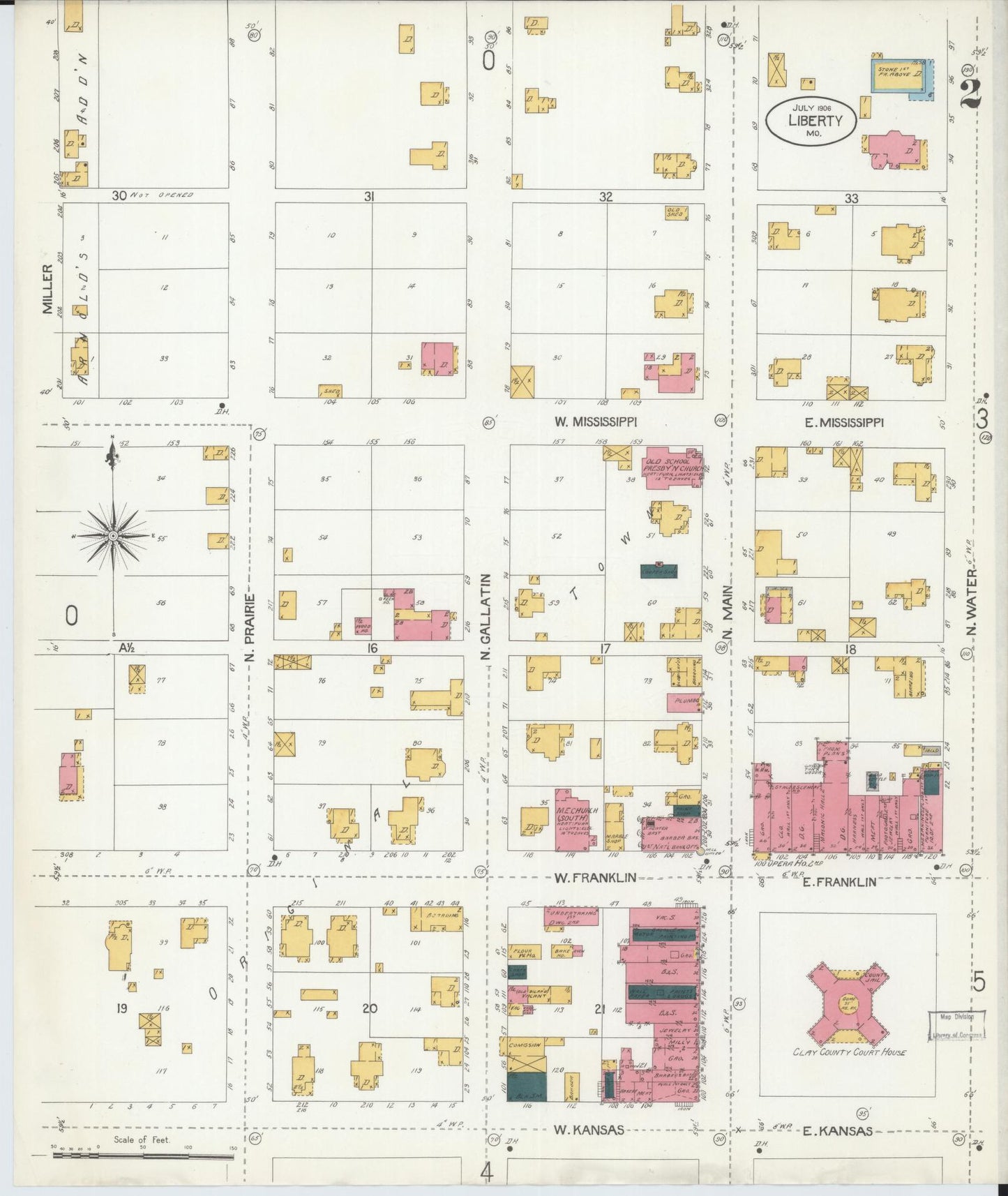 Sanborn Fire Insurance Map from Liberty, Clay County, Missouri (1906), Sheet #0002 - Complete Map Set gallery image, historic Sanborn map, vintage wall art, Missouri Missouri