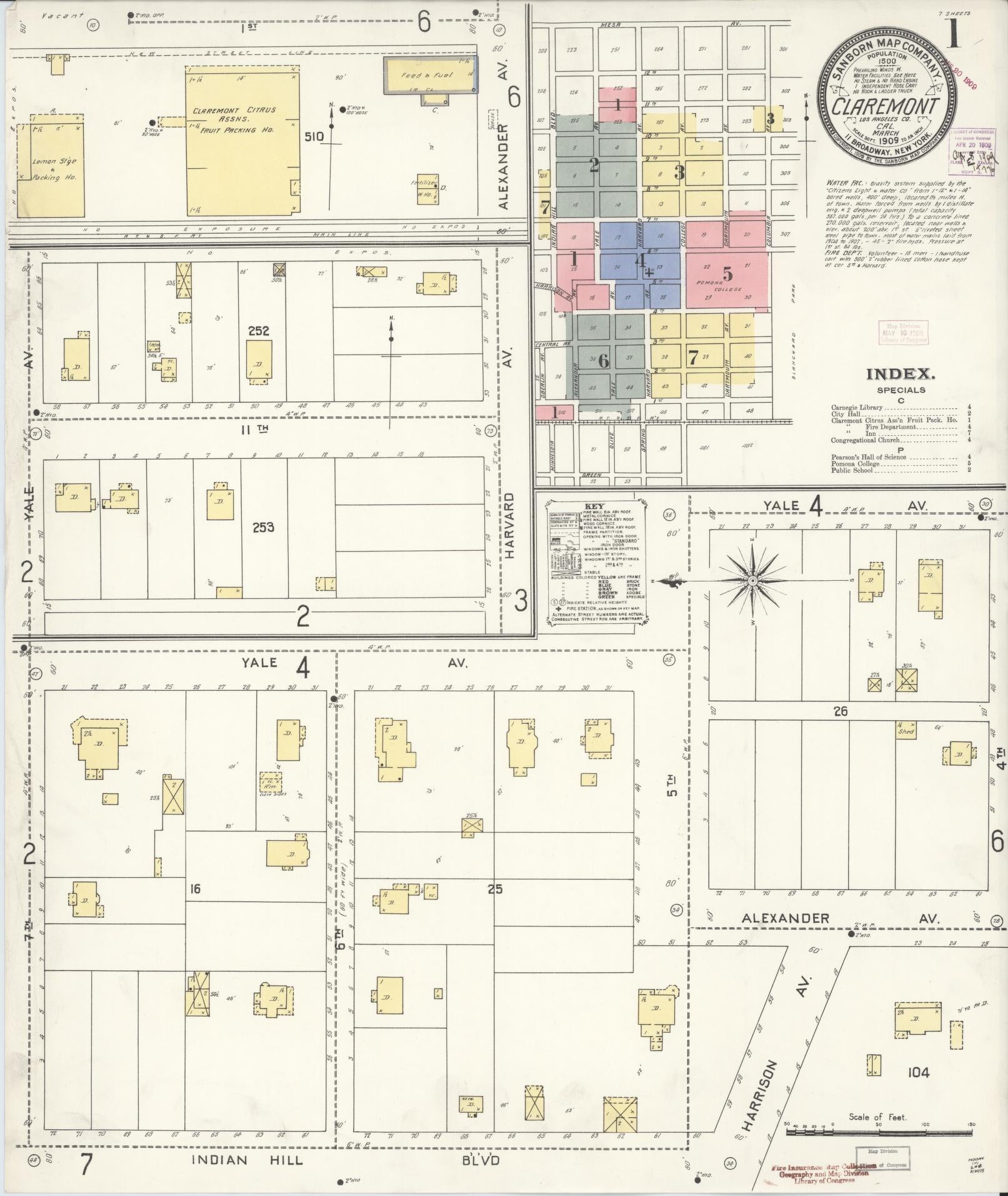 Sanborn Fire Insurance Map from Claremont, Los Angeles County, California (1909), Sheet #0001 - Historic Sanborn Fire Insurance Map Print, vintage old map wall art, antique decor, genealogy gift, California California map