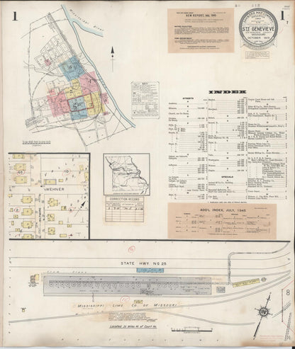 Sanborn Fire Insurance Map from Sainte Genevieve, Saint Genevieve County, Missouri (1945), Sheet #0001 - Historic Sanborn Fire Insurance Map Print, vintage old map wall art, antique decor, genealogy gift, Missouri Missouri map