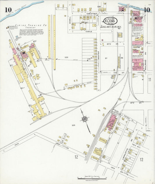 Sanborn Fire Insurance Map from Elkins, Randolph County, West Virginia (1923), Sheet #0010 - Historic Sanborn Fire Insurance Map Print, vintage old map wall art, antique decor, genealogy gift, West Virginia West Virginia map