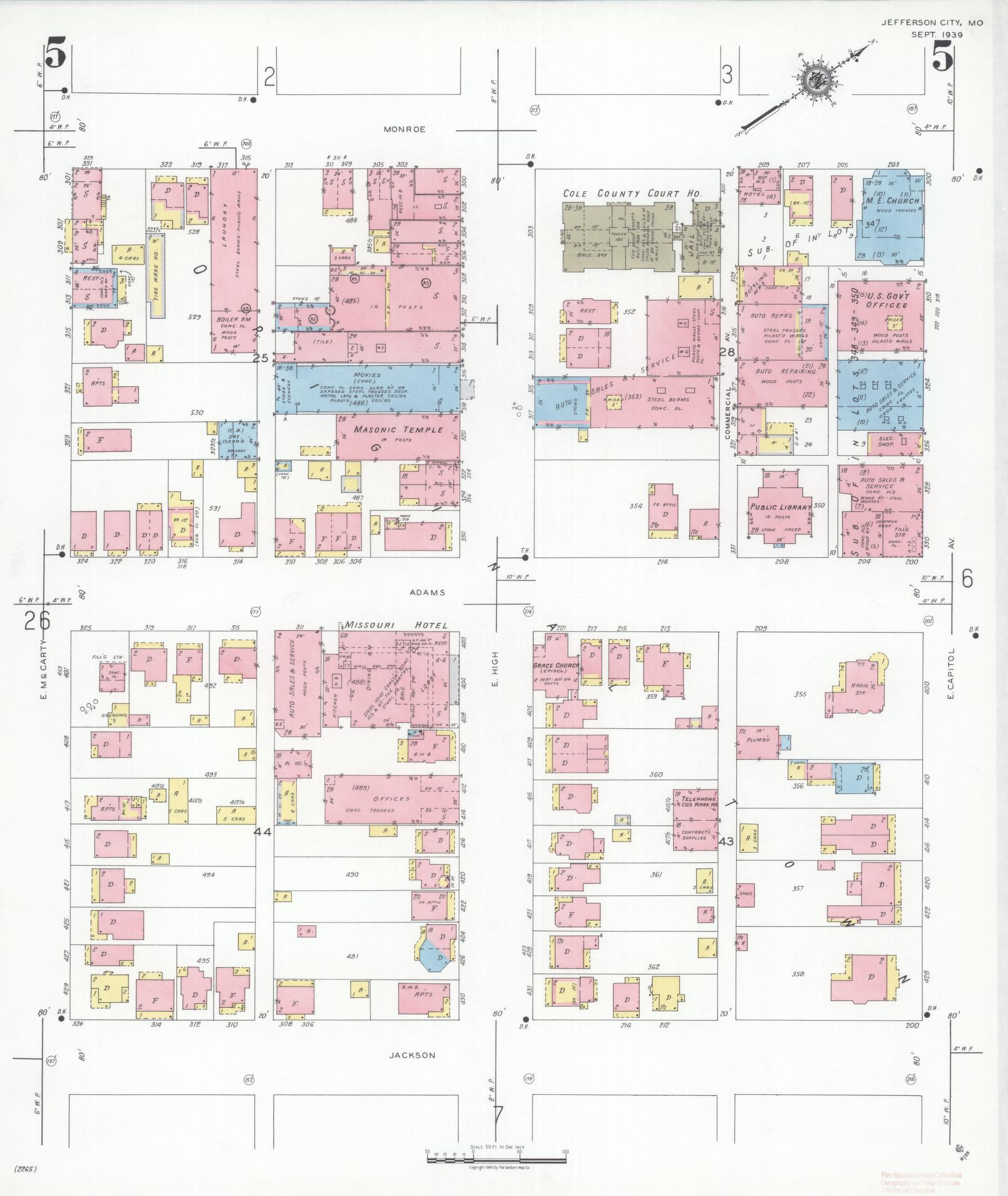 Sanborn Fire Insurance Map from Jefferson City, Cole County, Missouri (1939), Sheet #0005 - Historic Sanborn Fire Insurance Map Print, vintage old map wall art, antique decor, genealogy gift, Missouri Missouri map