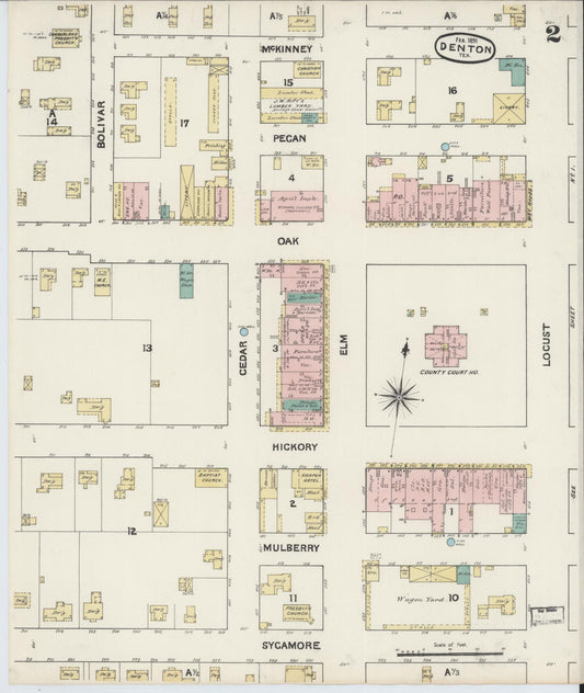 Sanborn Fire Insurance Map from Denton, Denton County, Texas (1891), Sheet #0002 - Historic Sanborn Fire Insurance Map Print, vintage old map wall art, antique decor, genealogy gift, Texas Texas map