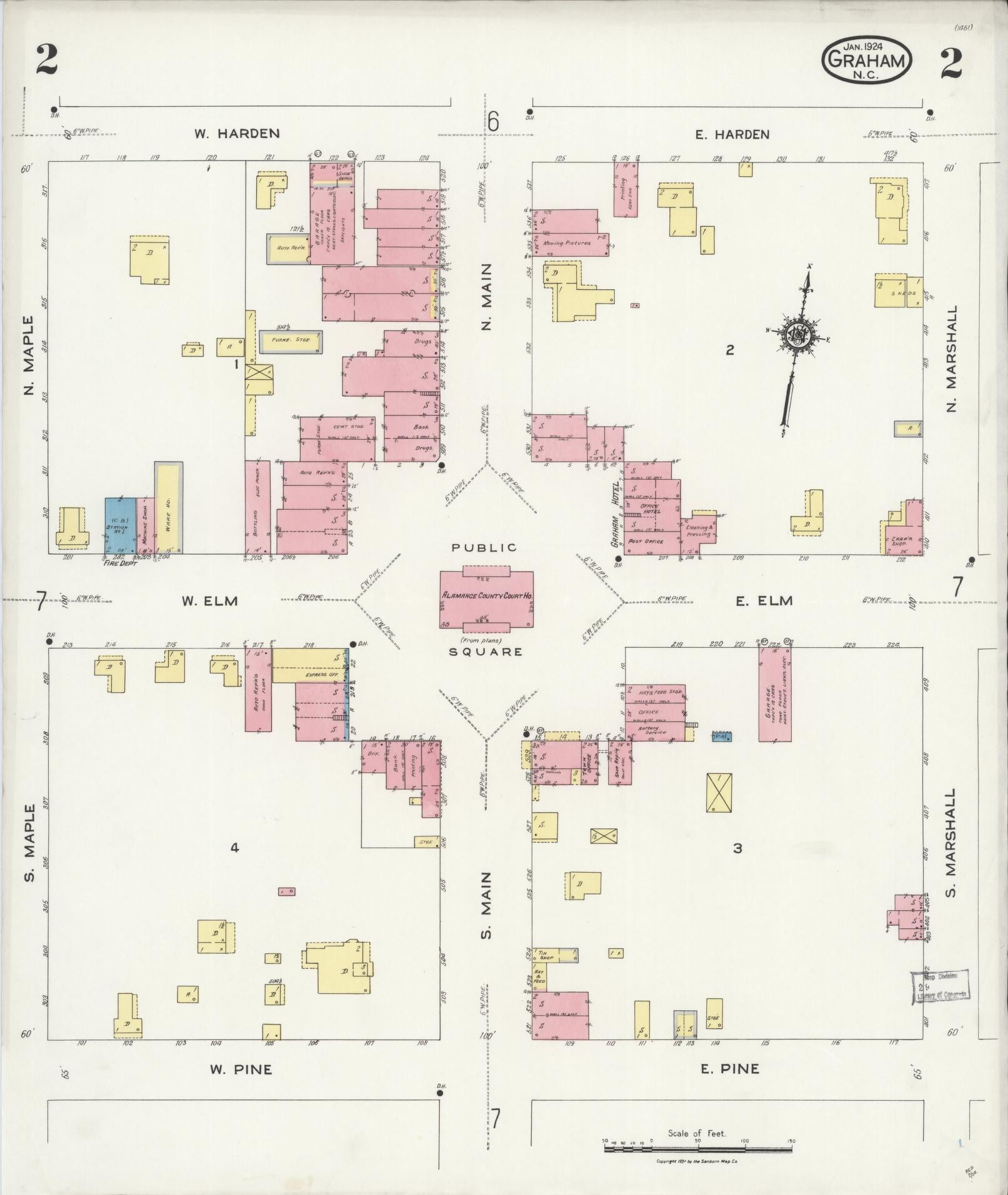 Sanborn Fire Insurance Map from Graham, Alamance County, North Carolina (1924), Sheet #0002 - Complete Map Set gallery image, historic Sanborn map, vintage wall art, North Carolina North Carolina