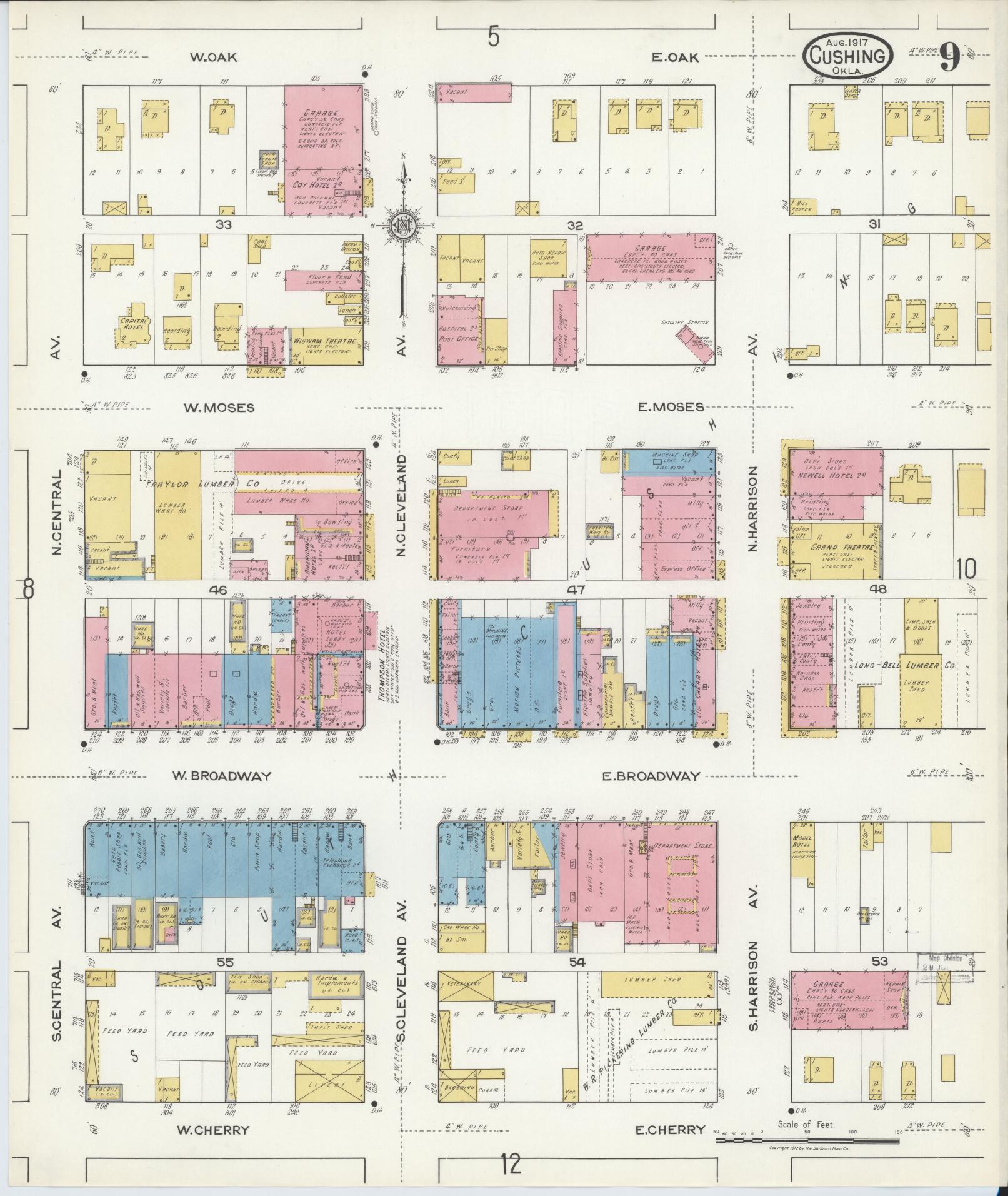 Sanborn Fire Insurance Map from Cushing, Payne County, Oklahoma (1917), Sheet #0009 - Historic Sanborn Fire Insurance Map Print, vintage old map wall art, antique decor, genealogy gift, Oklahoma Oklahoma map