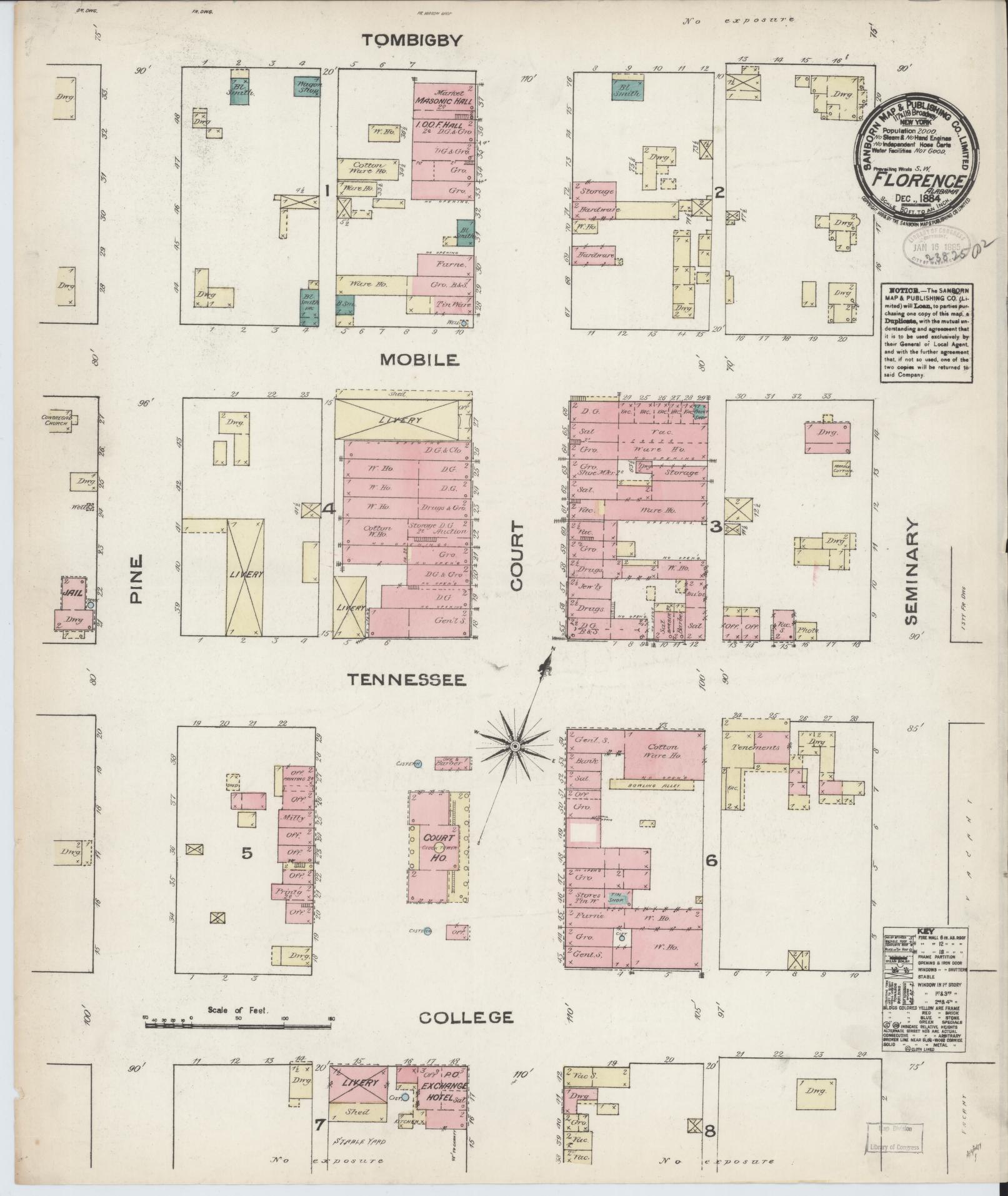 Sanborn Fire Insurance Map from Florence, Lauderdale County, Alabama (1884), Sheet #0001 - Historic Sanborn Fire Insurance Map Print, vintage old map wall art, antique decor, genealogy gift, Alabama Alabama map