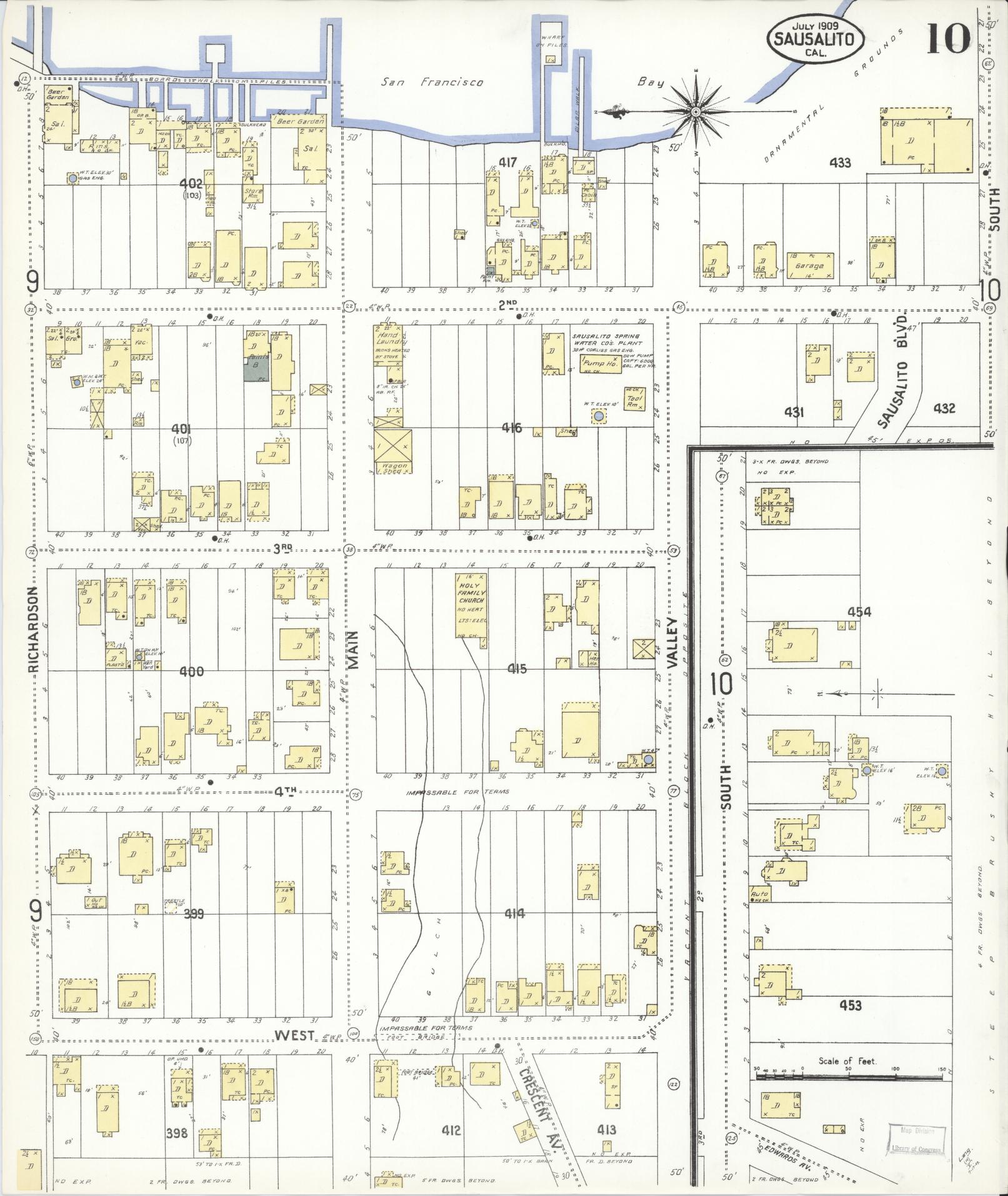 Sanborn Fire Insurance Map from Sausalito, Marin County, California (1909), Sheet #0010 - Complete Map Set gallery image, historic Sanborn map, vintage wall art, California California