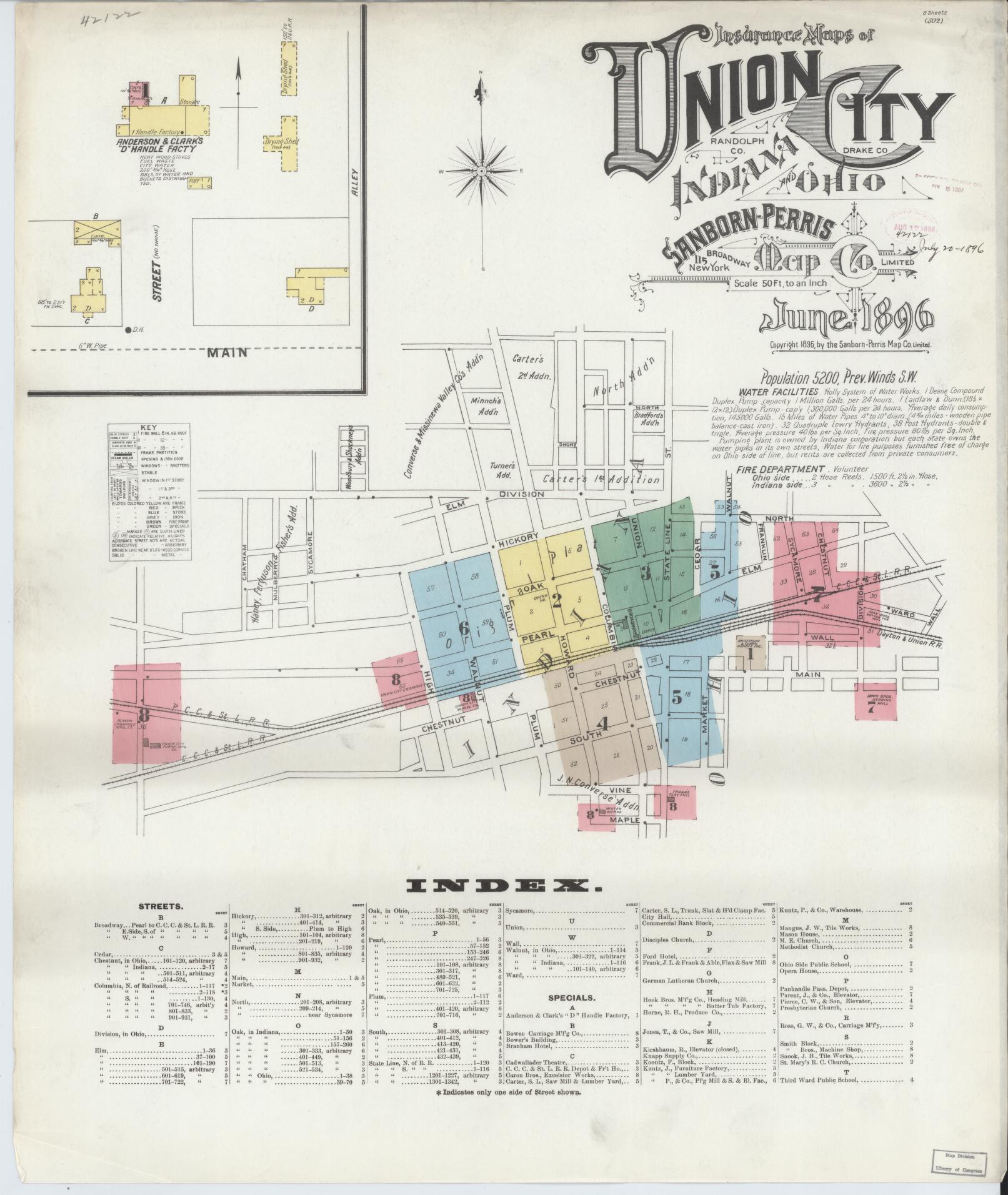 Sanborn Fire Insurance Map from Union City, Randolph County, Indiana (1896), Sheet #0001 - Complete Map Set gallery image, historic Sanborn map, vintage wall art, Indiana Indiana