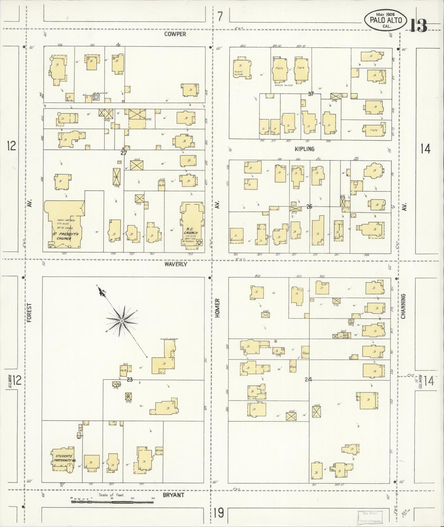 Sanborn Fire Insurance Map from Palo Alto, Santa Clara County, California (1908), Sheet #0013 - Complete Map Set gallery image, historic Sanborn map, vintage wall art, California California