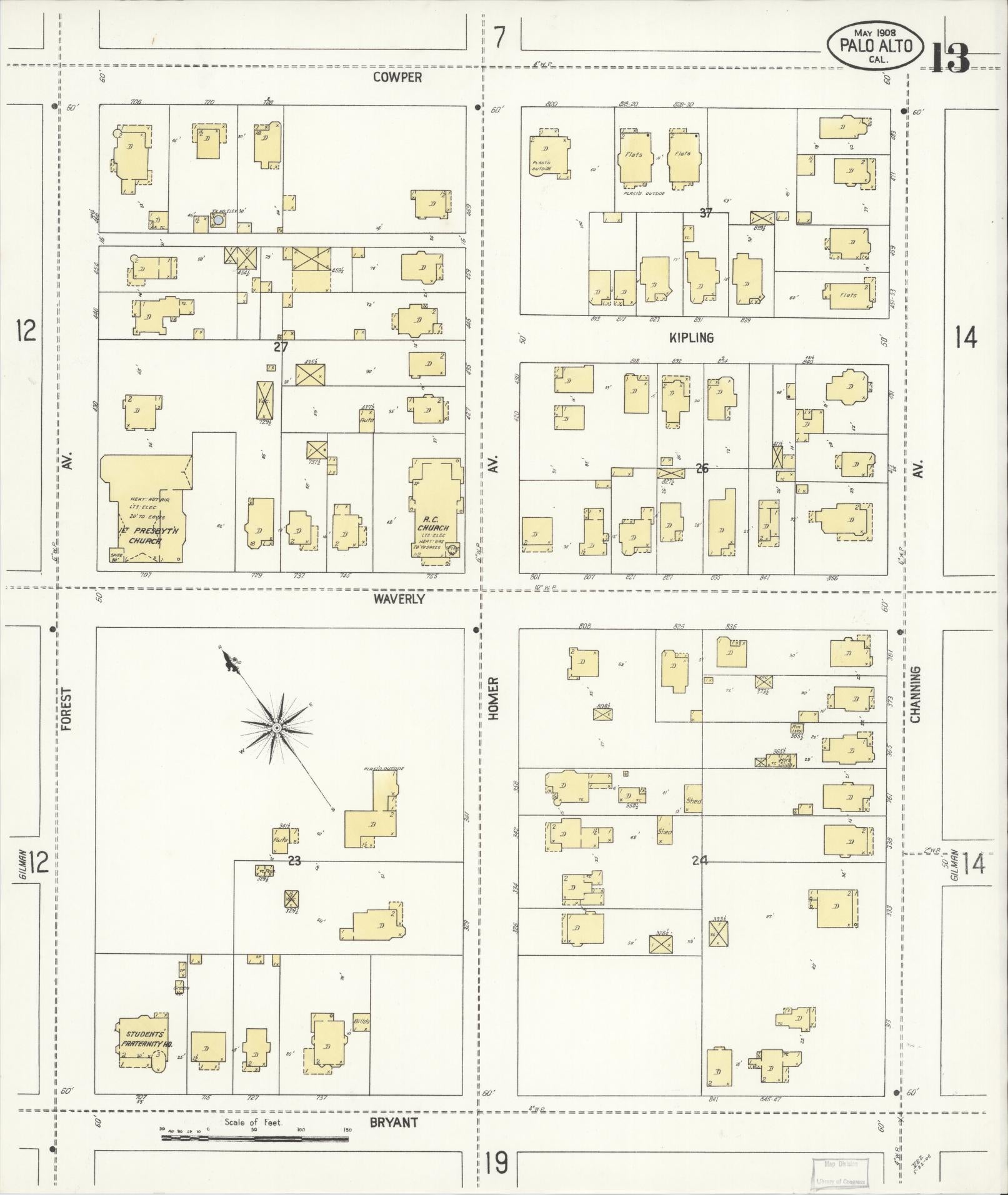 Sanborn Fire Insurance Map from Palo Alto, Santa Clara County, California (1908), Sheet #0013 - Complete Map Set gallery image, historic Sanborn map, vintage wall art, California California