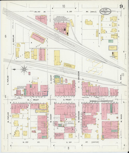 Sanborn Fire Insurance Map from Paragould, Greene County, Arkansas (1909), Sheet #0009 - Historic Sanborn Fire Insurance Map Print, vintage old map wall art, antique decor, genealogy gift, Arkansas Arkansas map