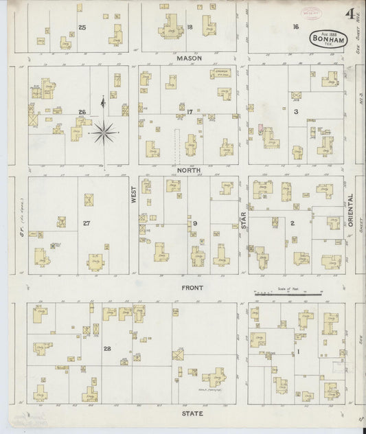 Sanborn Fire Insurance Map from Bonham, Fannin County, Texas (1888), Sheet #0004 - Historic Sanborn Fire Insurance Map Print, vintage old map wall art, antique decor, genealogy gift, Texas Texas map
