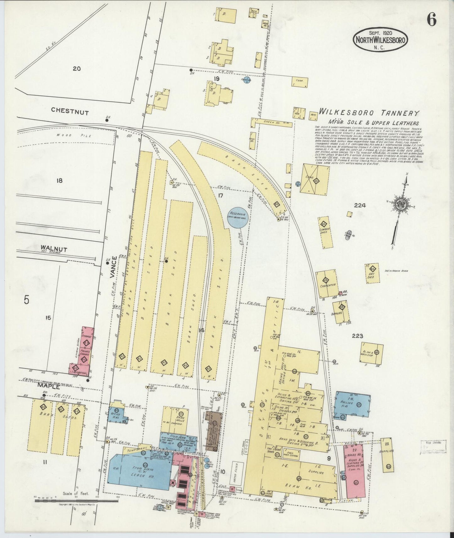 Sanborn Fire Insurance Map from North Wilkesboro, Wilkes County, North Carolina (1920), Sheet #0006 - Historic Sanborn Fire Insurance Map Print, vintage old map wall art, antique decor, genealogy gift, North Carolina North Carolina map
