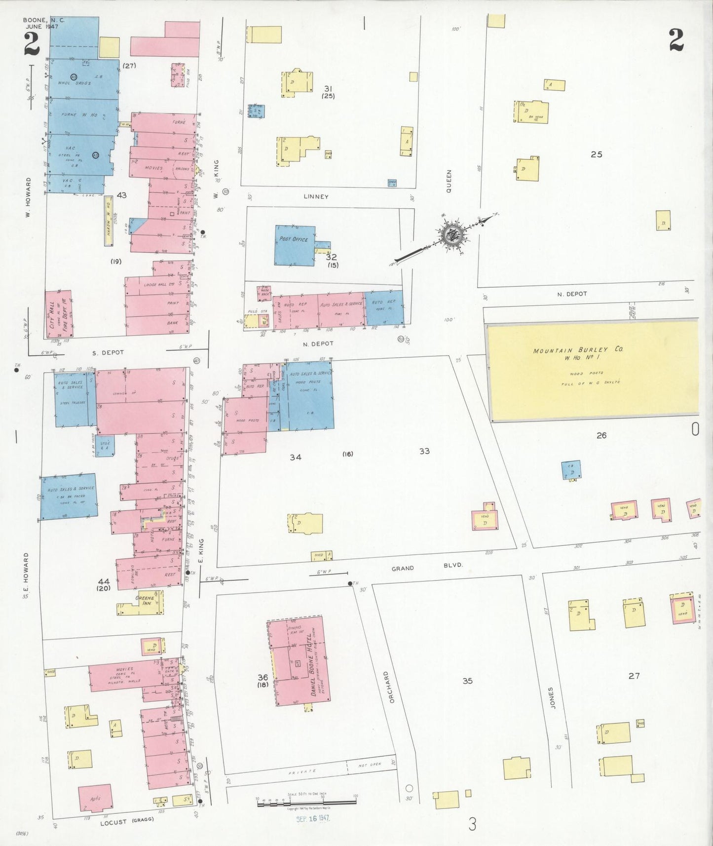 Sanborn Fire Insurance Map from Boone, Watauga County, North Carolina (1947), Sheet #0002 - Complete Map Set gallery image, historic Sanborn map, vintage wall art, North Carolina North Carolina