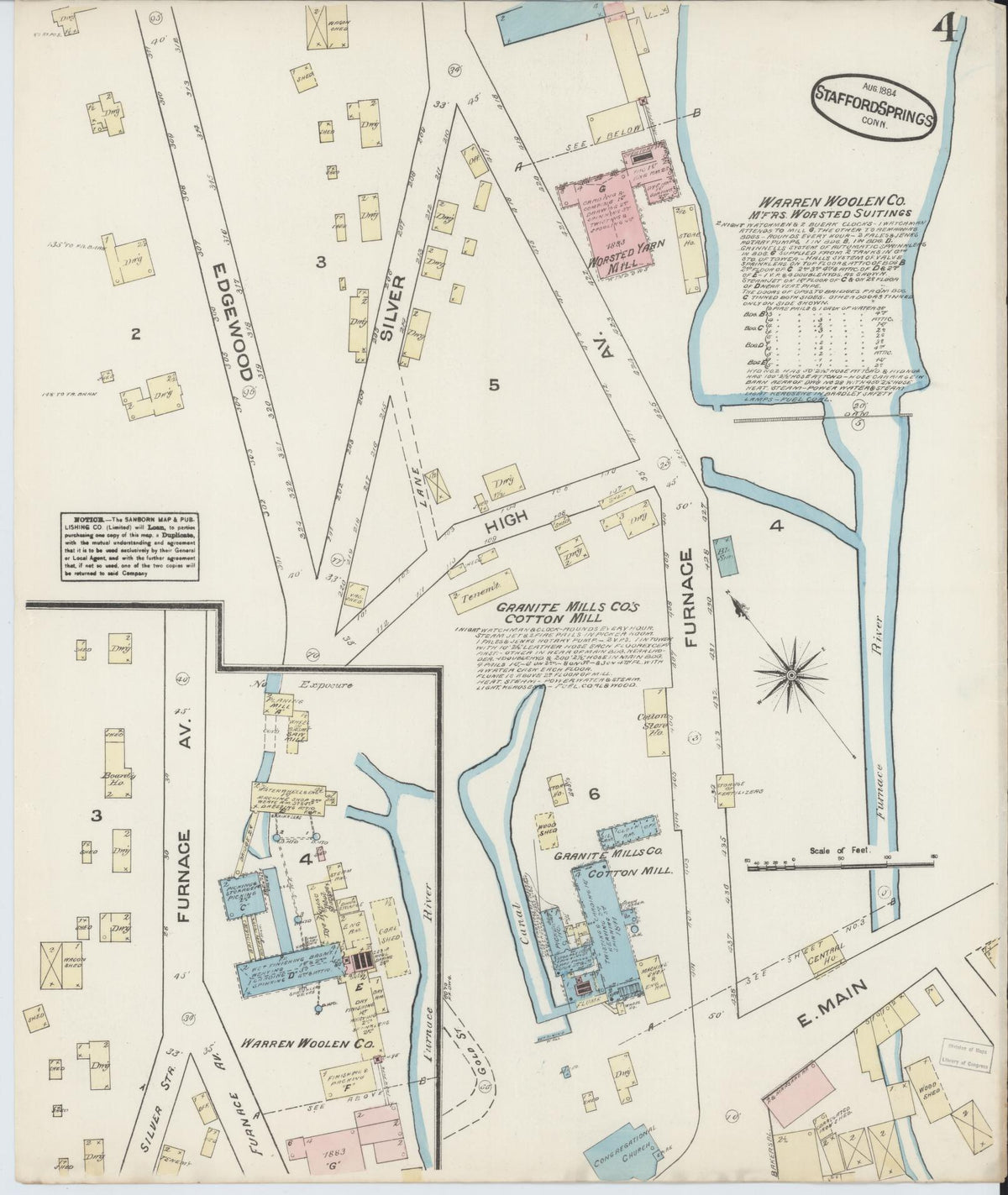 Sanborn Fire Insurance Map from Stafford Springs, Tolland County, Connecticut (1884), Sheet #0004 - Historic Sanborn Fire Insurance Map Print, vintage old map wall art, antique decor, genealogy gift, Connecticut Connecticut map