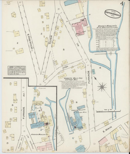 Sanborn Fire Insurance Map from Stafford Springs, Tolland County, Connecticut (1884), Sheet #0004 - Historic Sanborn Fire Insurance Map Print, vintage old map wall art, antique decor, genealogy gift, Connecticut Connecticut map