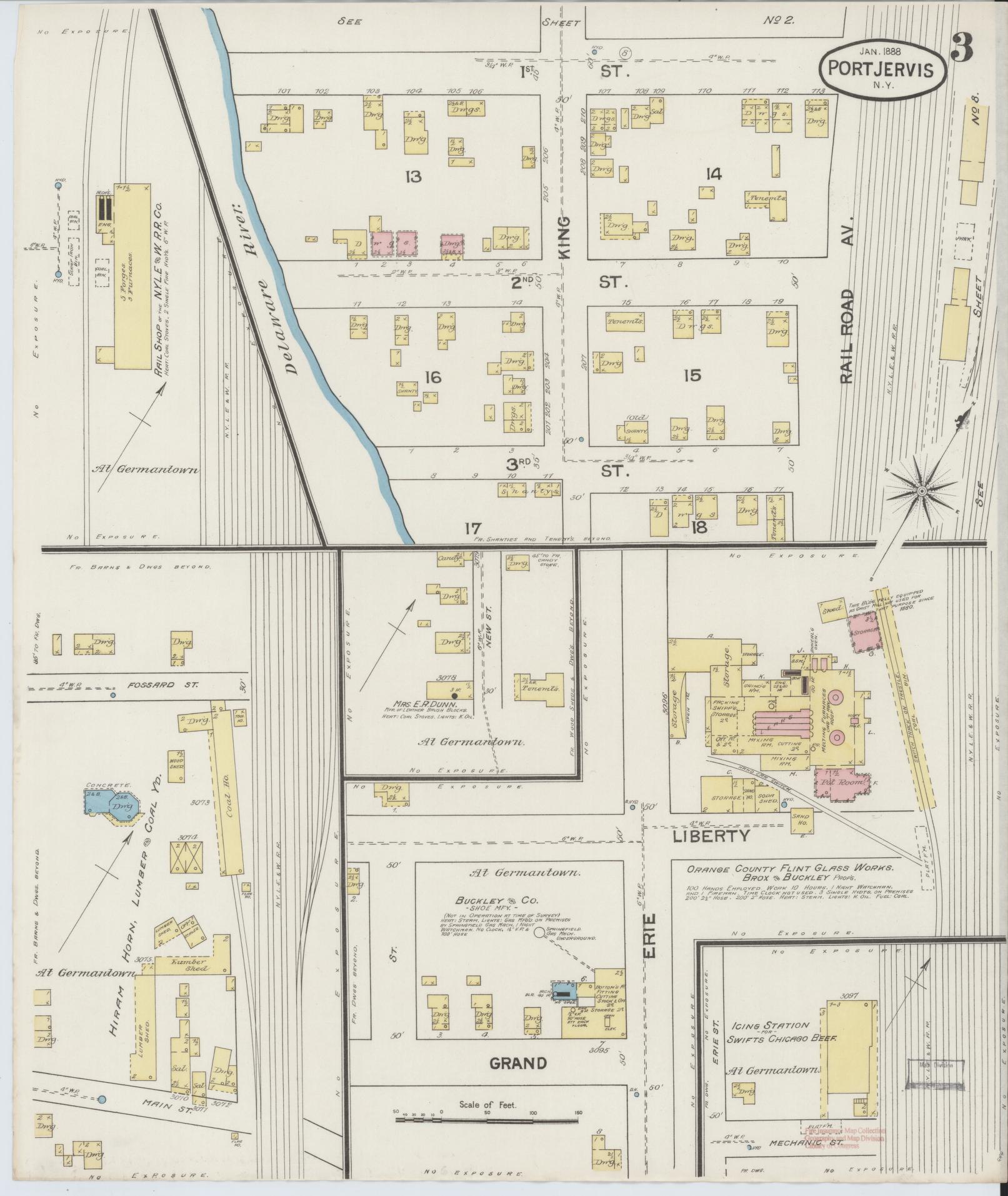 Sanborn Fire Insurance Map from Port Jervis, Orange County, New York (1888), Sheet #0003 - Complete Map Set gallery image, historic Sanborn map, vintage wall art, New York New York