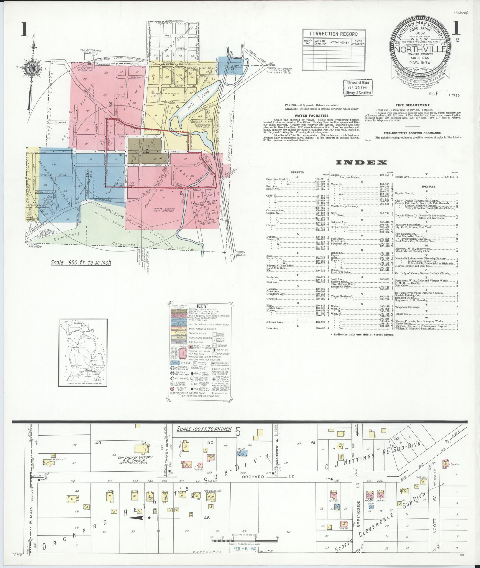 Sanborn Fire Insurance Map from Northville, Wayne County, Michigan (1942), Sheet #0001 - Complete Map Set gallery image, historic Sanborn map, vintage wall art, Michigan Michigan