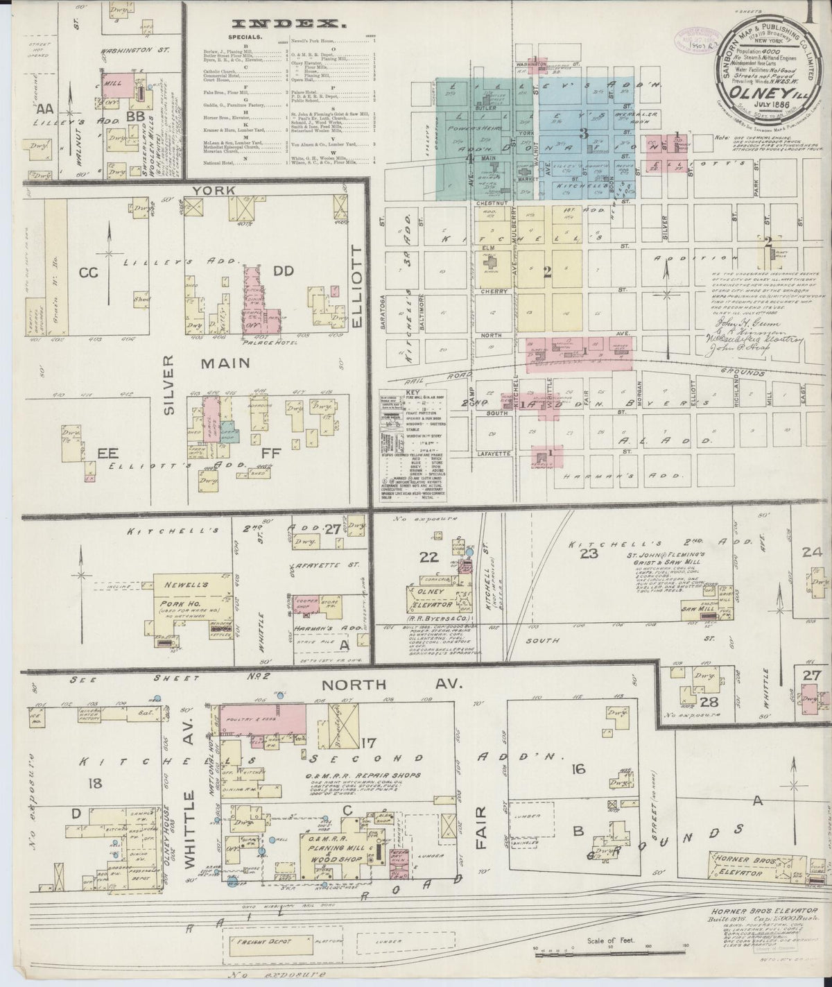 Sanborn Fire Insurance Map from Olney, Richland County, Illinois (1886), Sheet #0001 - Historic Sanborn Fire Insurance Map Print, vintage old map wall art, antique decor, genealogy gift, Illinois Illinois map