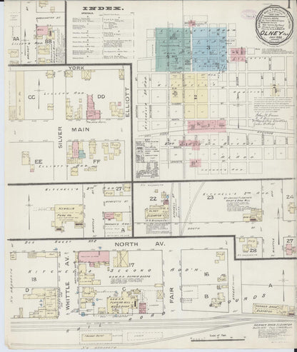 Sanborn Fire Insurance Map from Olney, Richland County, Illinois (1886), Sheet #0001 - Historic Sanborn Fire Insurance Map Print, vintage old map wall art, antique decor, genealogy gift, Illinois Illinois map