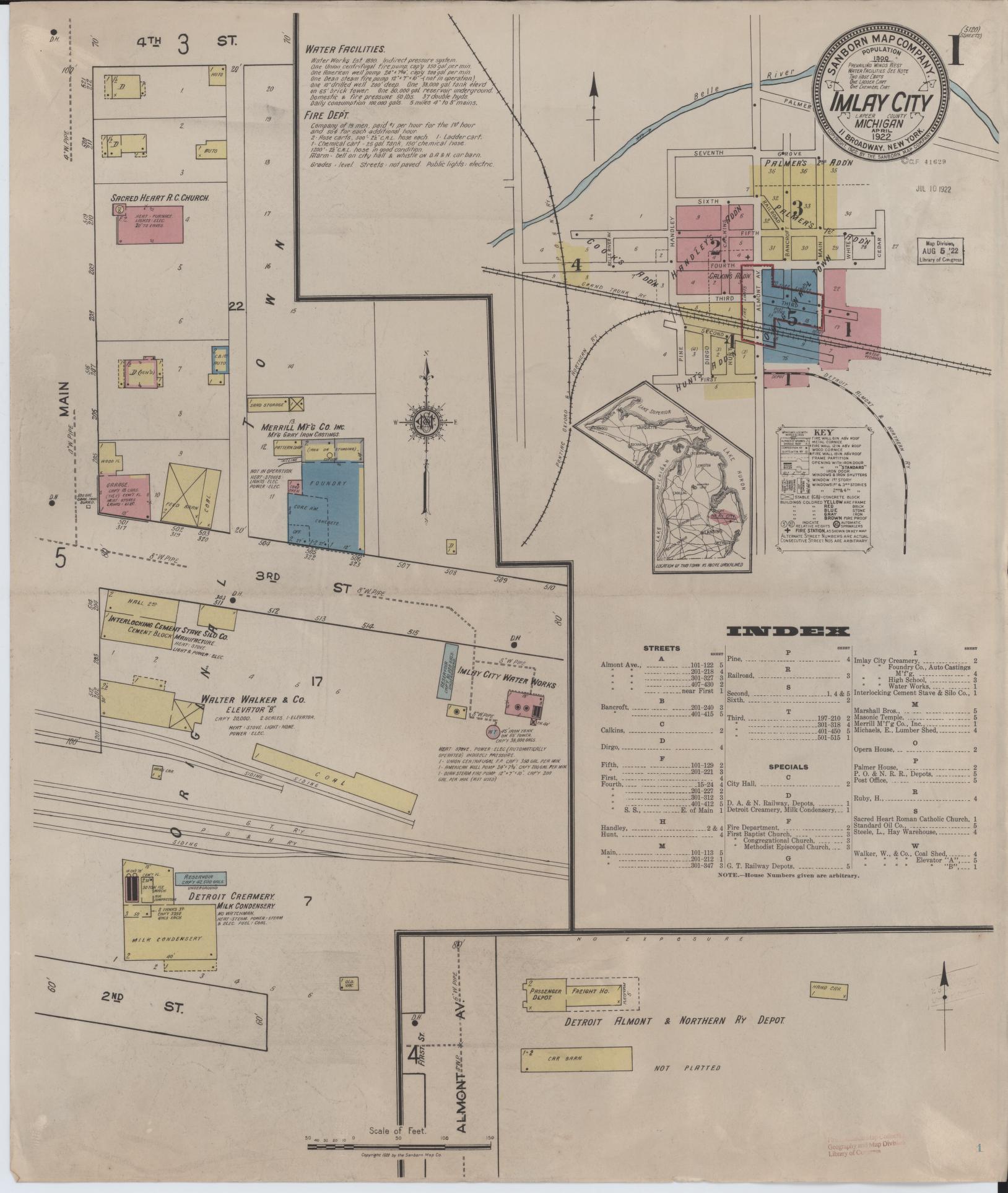 Sanborn Fire Insurance Map from Imlay City, Lapeer County, Michigan (1922), Sheet #0001 - Complete Map Set gallery image, historic Sanborn map, vintage wall art, Michigan Michigan