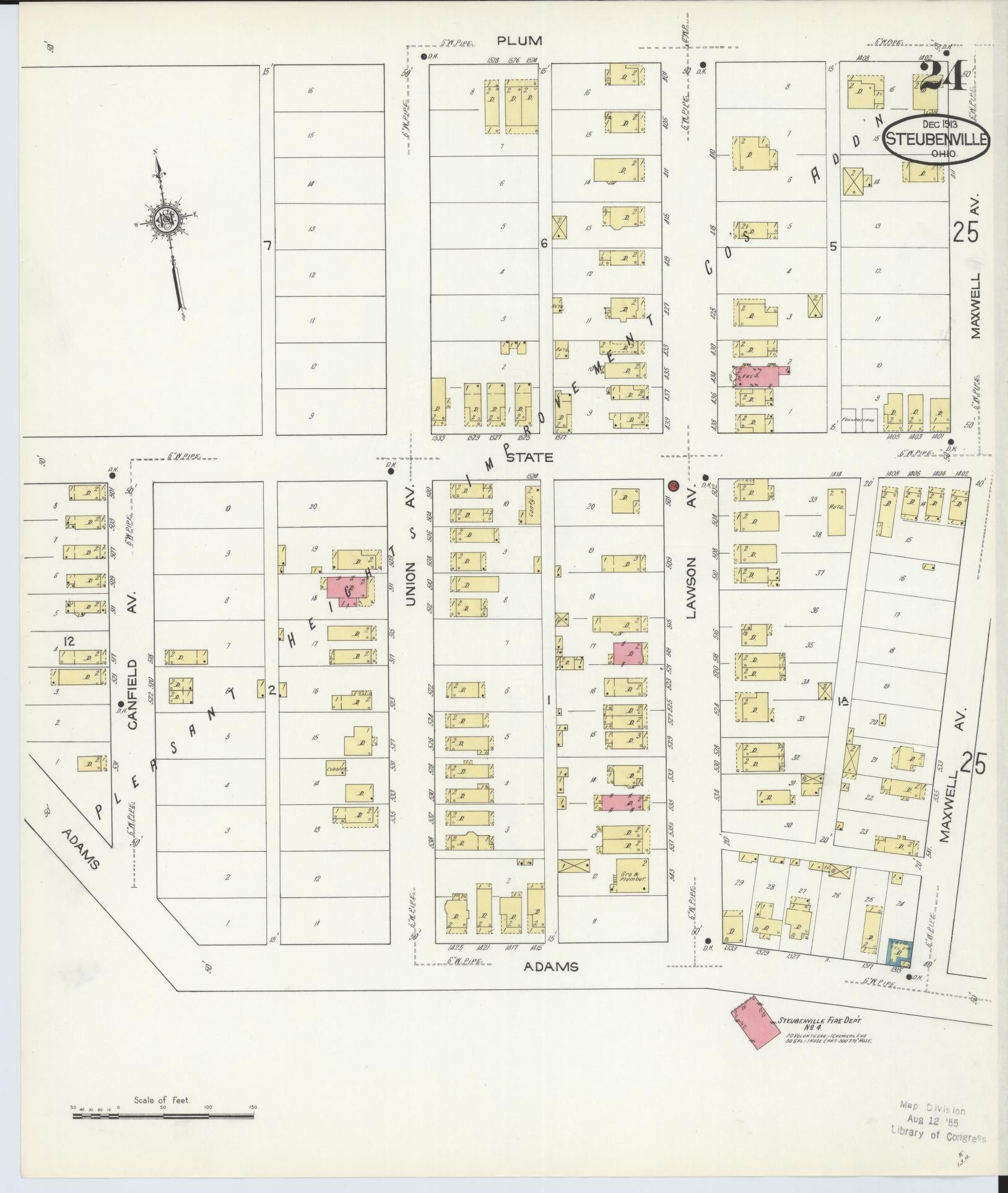 Sanborn Fire Insurance Map from Steubenville, Jefferson County, Ohio (1913), Sheet #0024 - Historic Sanborn Fire Insurance Map Print, vintage old map wall art, antique decor, genealogy gift, Ohio Ohio map
