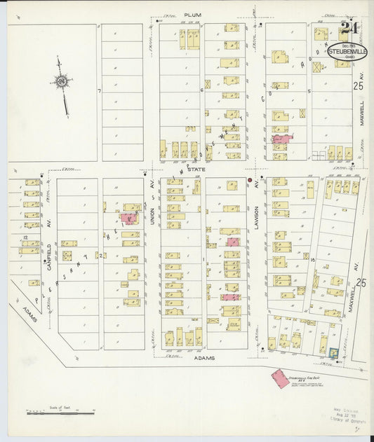 Sanborn Fire Insurance Map from Steubenville, Jefferson County, Ohio (1913), Sheet #0024 - Historic Sanborn Fire Insurance Map Print, vintage old map wall art, antique decor, genealogy gift, Ohio Ohio map