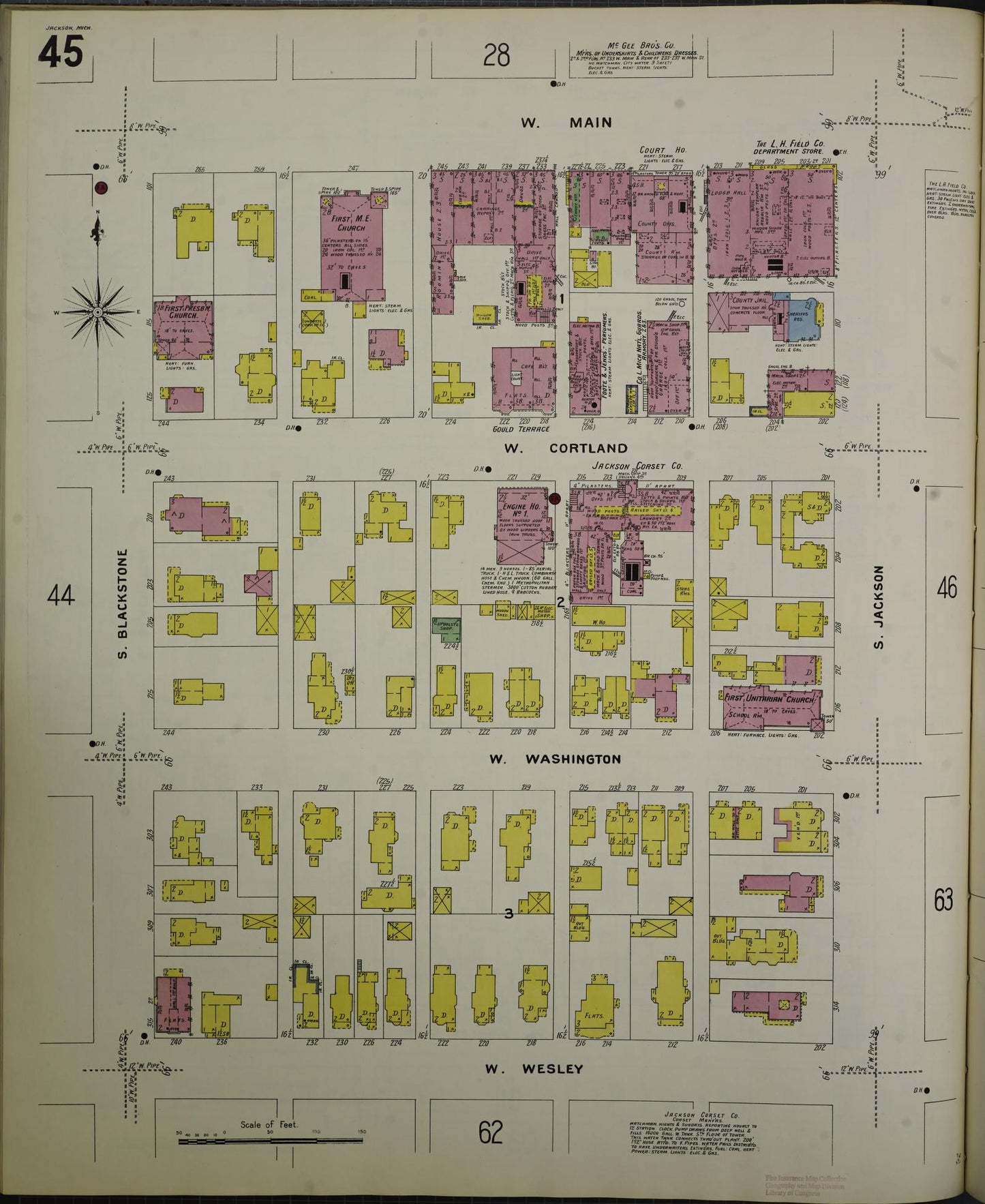Sanborn Fire Insurance Map from Jackson, Jackson County, Michigan (1907), Sheet #0045 - Complete Map Set gallery image, historic Sanborn map, vintage wall art, Michigan Michigan