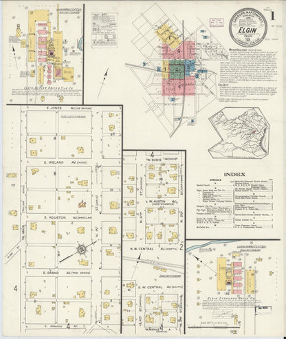 Sanborn Fire Insurance Map from Elgin, Bastrop County, Texas (1916), Sheet #0001 - Complete Map Set gallery image, historic Sanborn map, vintage wall art, Texas Texas