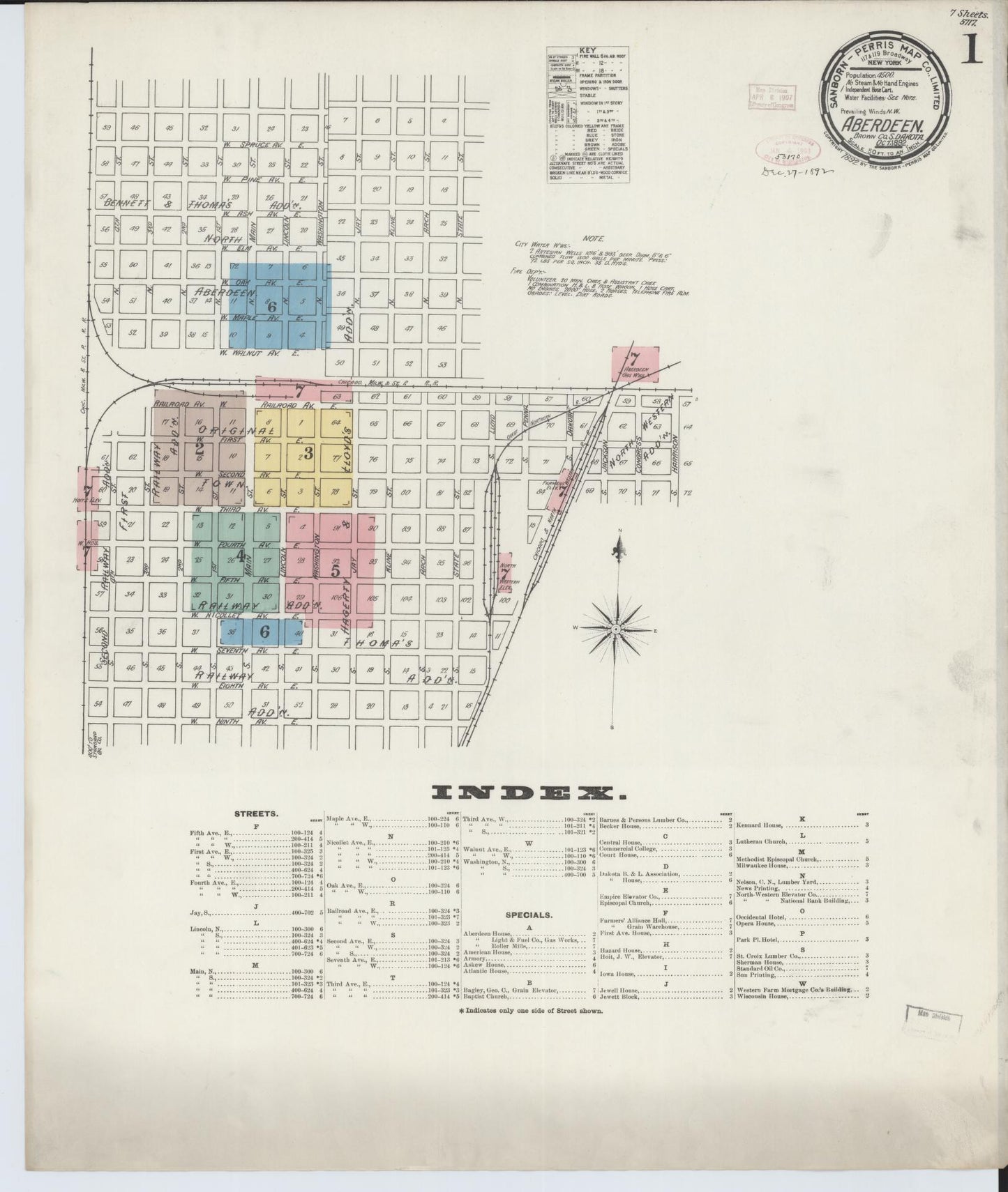 Sanborn Fire Insurance Map from Aberdeen, Brown County, South Dakota (1892), Sheet #0001 - Historic Sanborn Fire Insurance Map Print, vintage old map wall art, antique decor, genealogy gift, South Dakota South Dakota map