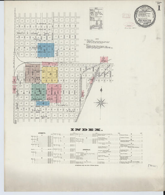 Sanborn Fire Insurance Map from Aberdeen, Brown County, South Dakota (1892), Sheet #0001 - Historic Sanborn Fire Insurance Map Print, vintage old map wall art, antique decor, genealogy gift, South Dakota South Dakota map
