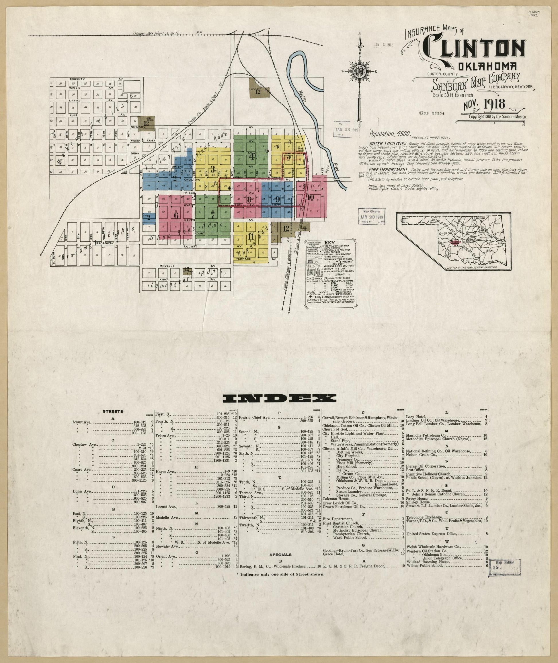 Sanborn Fire Insurance Map from Clinton, Custer County, Oklahoma (1918), Sheet #0001 - Historic Sanborn Fire Insurance Map Print, vintage old map wall art, antique decor, genealogy gift, Oklahoma Oklahoma map